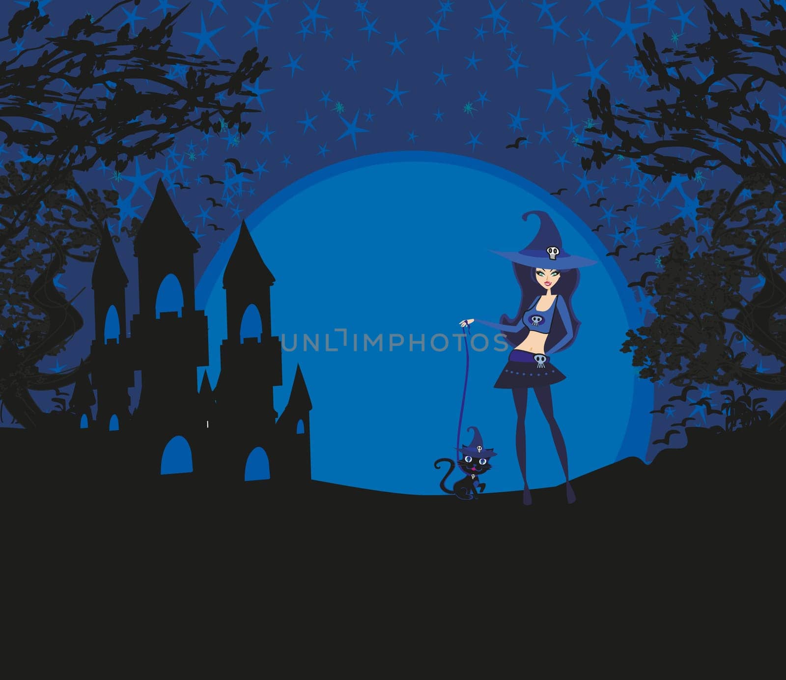 Halloween invitation with beautiful witch and creepy castle