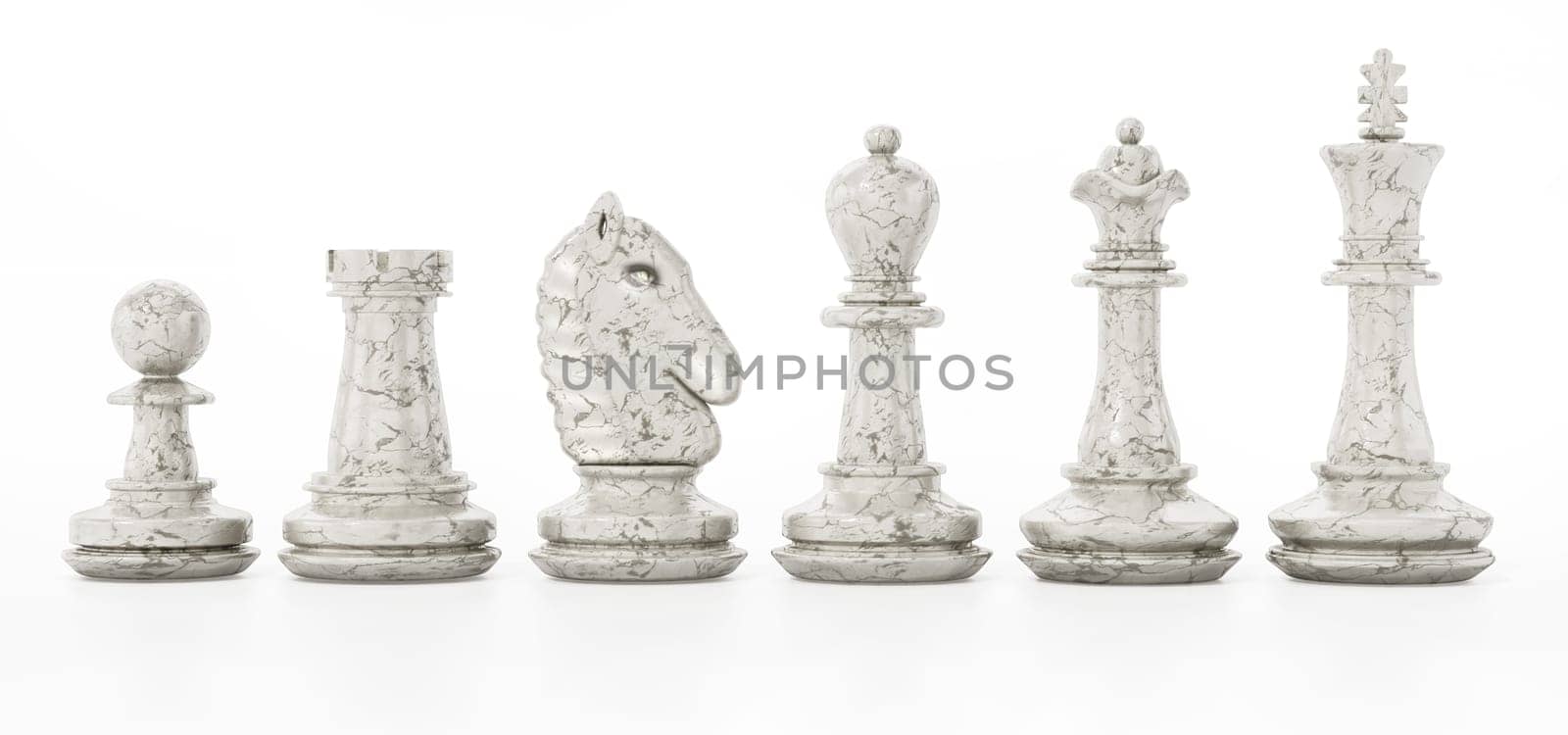 White chess pieces isolated on white background. 3D illustration.