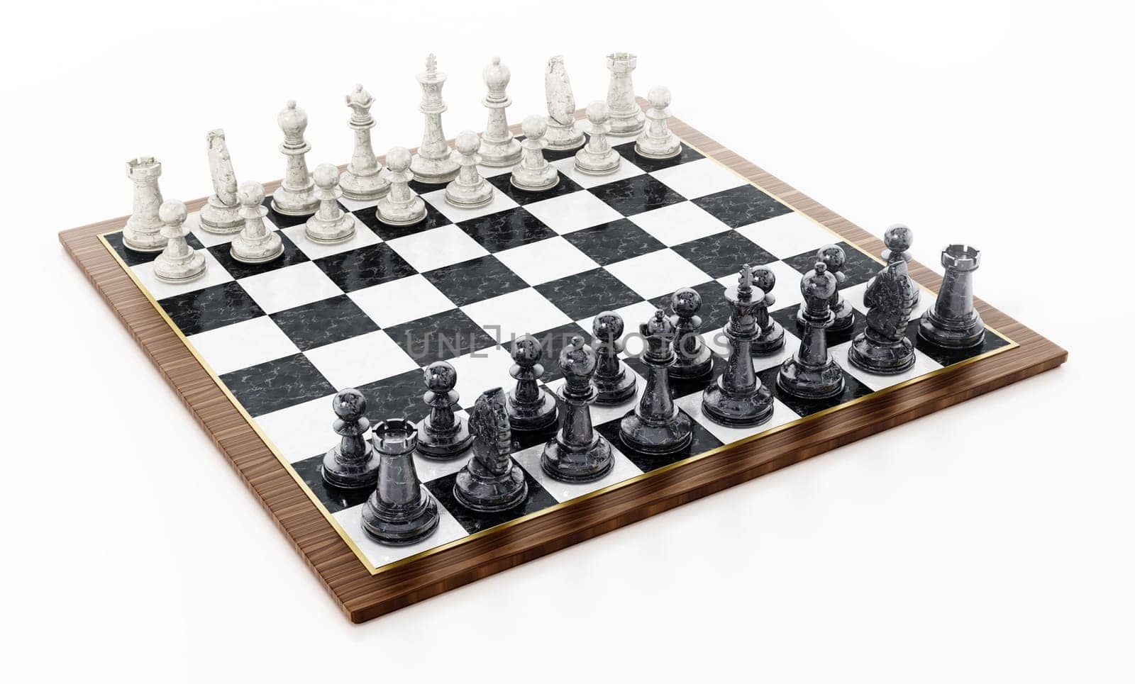 Chessboard with black and white chess pieces isolated on white background. 3D illustration.