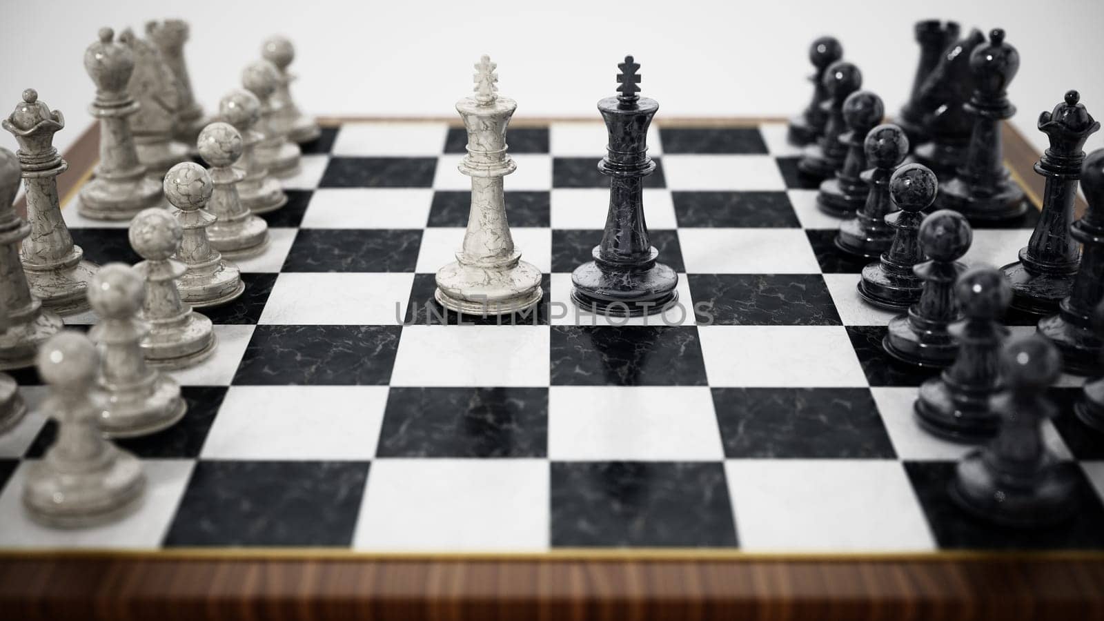 Chessboard with black and white kings facing each other. 3D illustration.