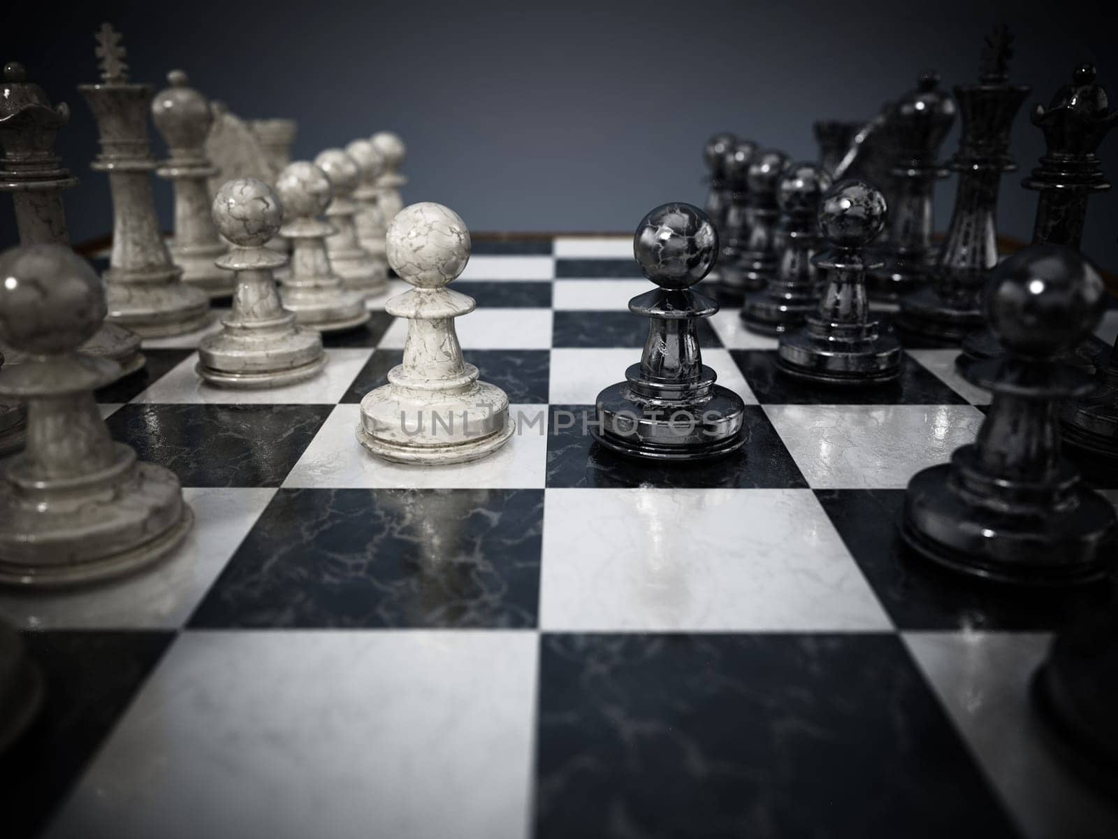 Chessboard with black and white pawns facing each other. 3D illustration.