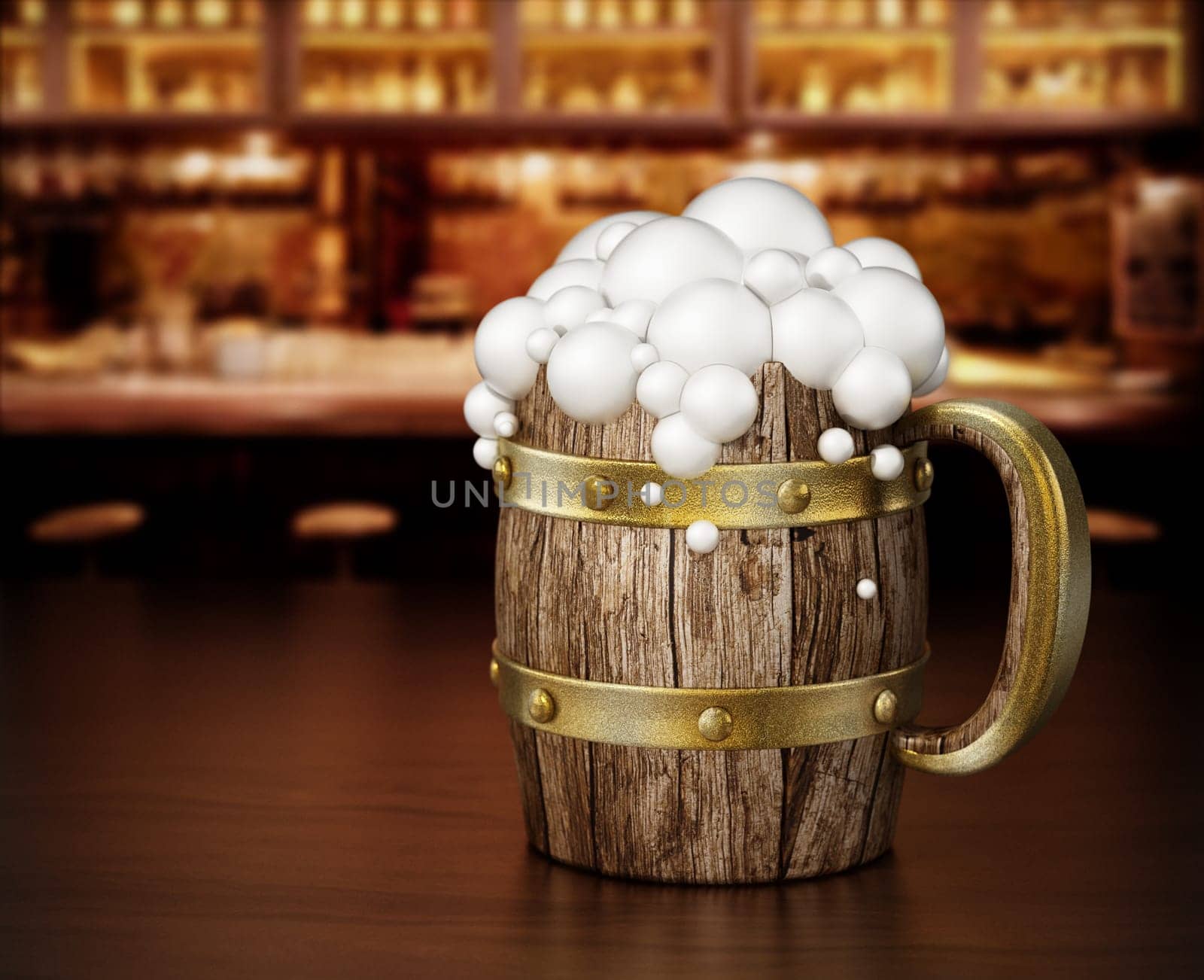 Wooden beer mug standing on bar counter. 3D illustration.