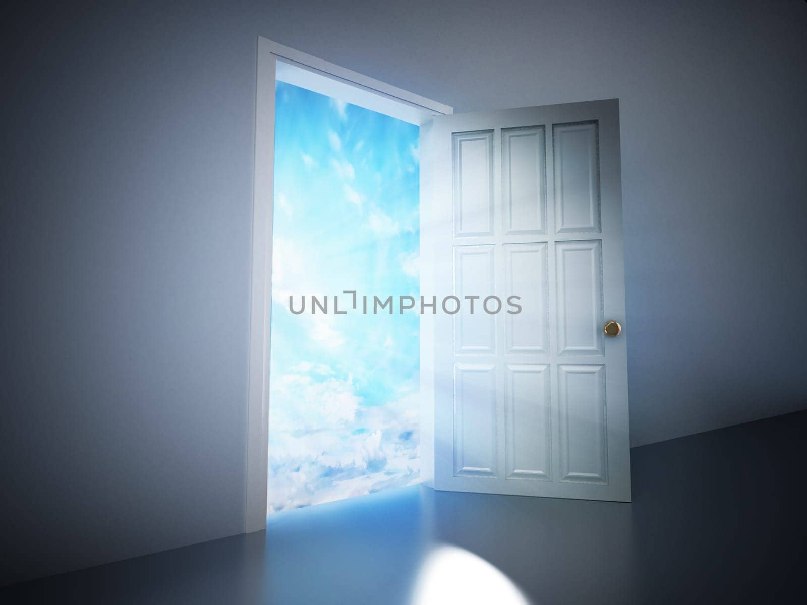 Open door in the dark room leading to the blue sky. 3D illustration.