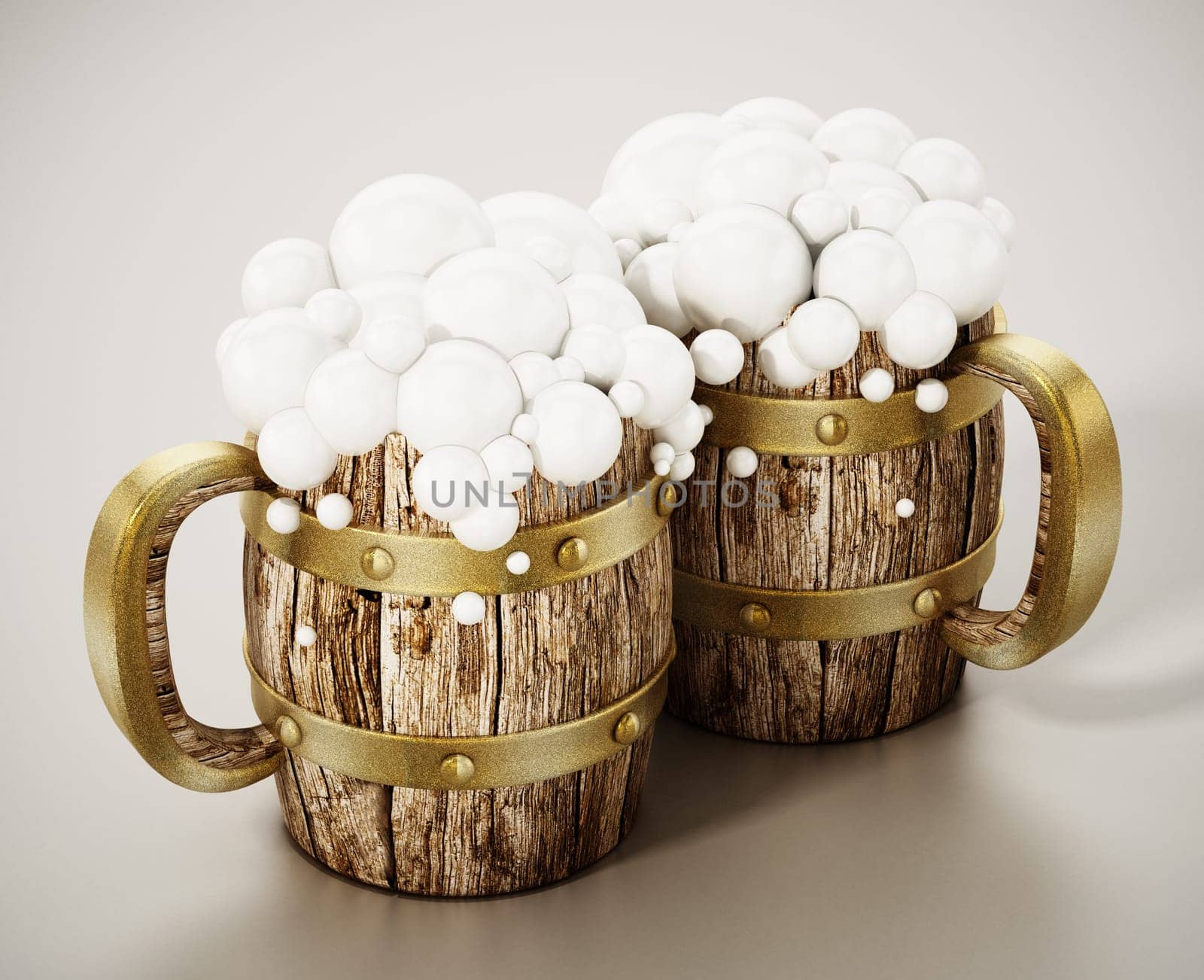 Wooden beer mugs with foam. 3D illustration.