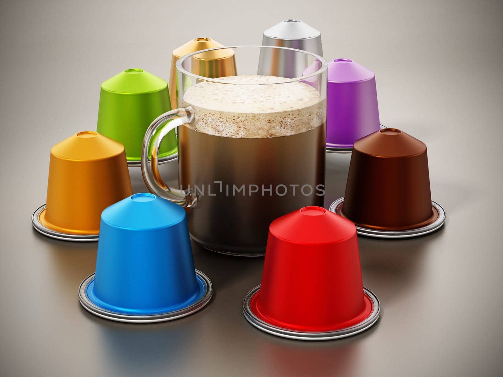 Coffee capsules and mug on reflective surface. 3D illustration.