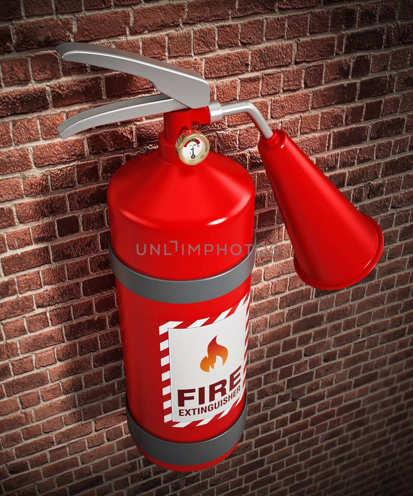 Fire extinguisher on the wall. 3D illustration.