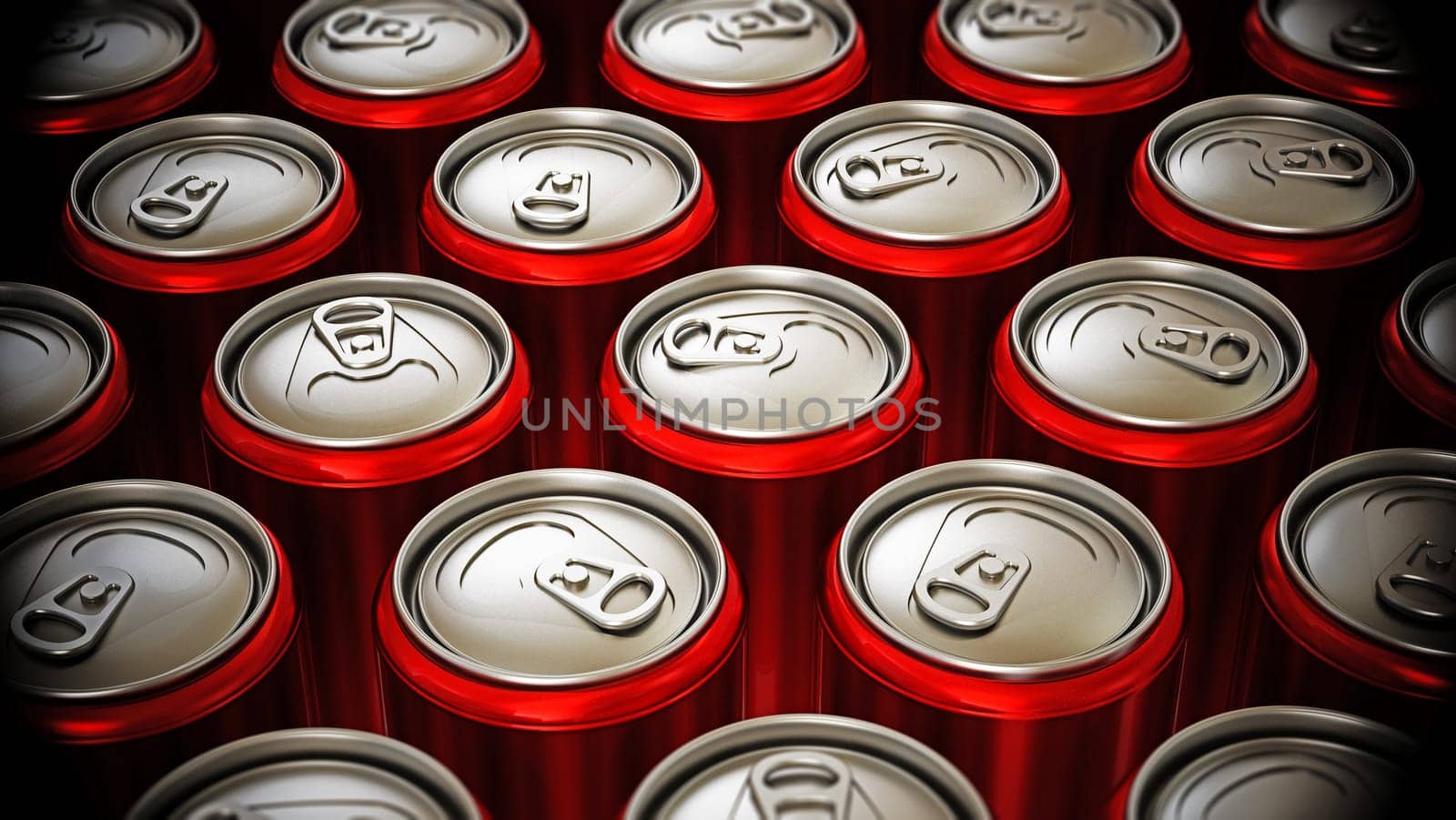Red cans of soft non alcoholic drinks background. 3D illustration.