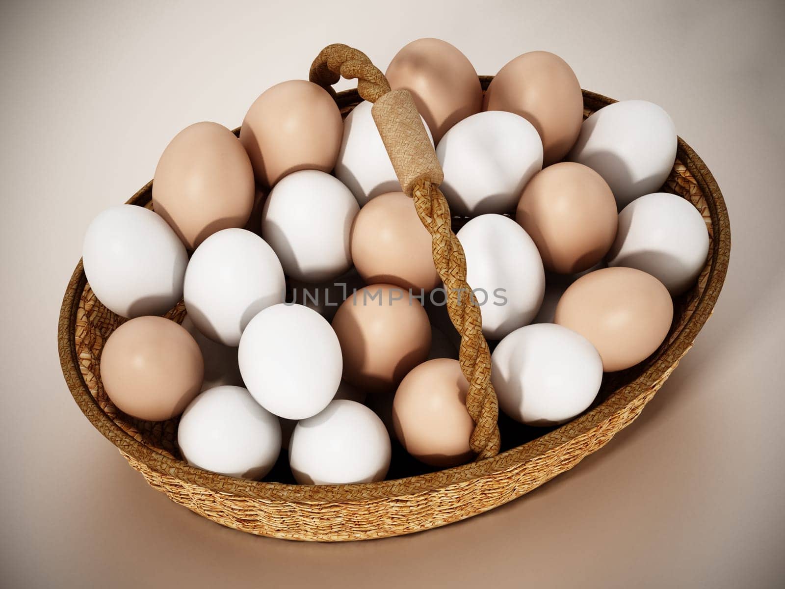 Egg basket full of white and yellow eggs. 3D illustration.