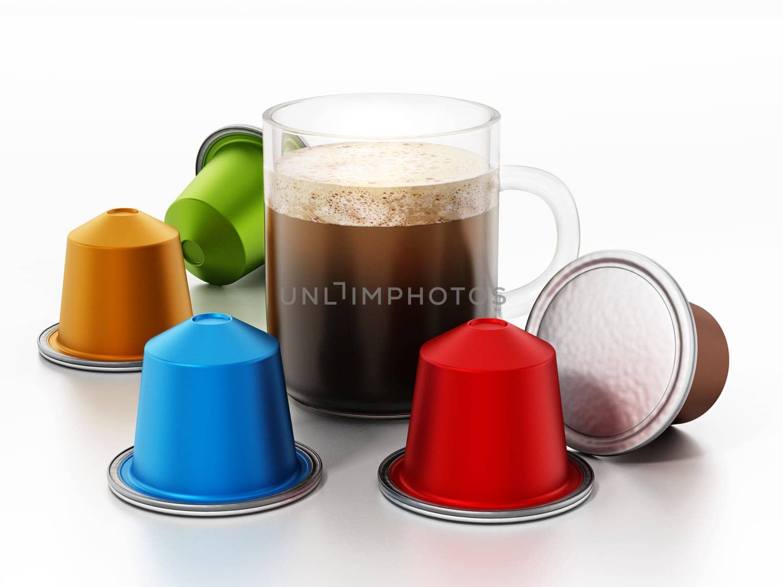 Coffee capsules and mug isolated on white background. 3D illustration.