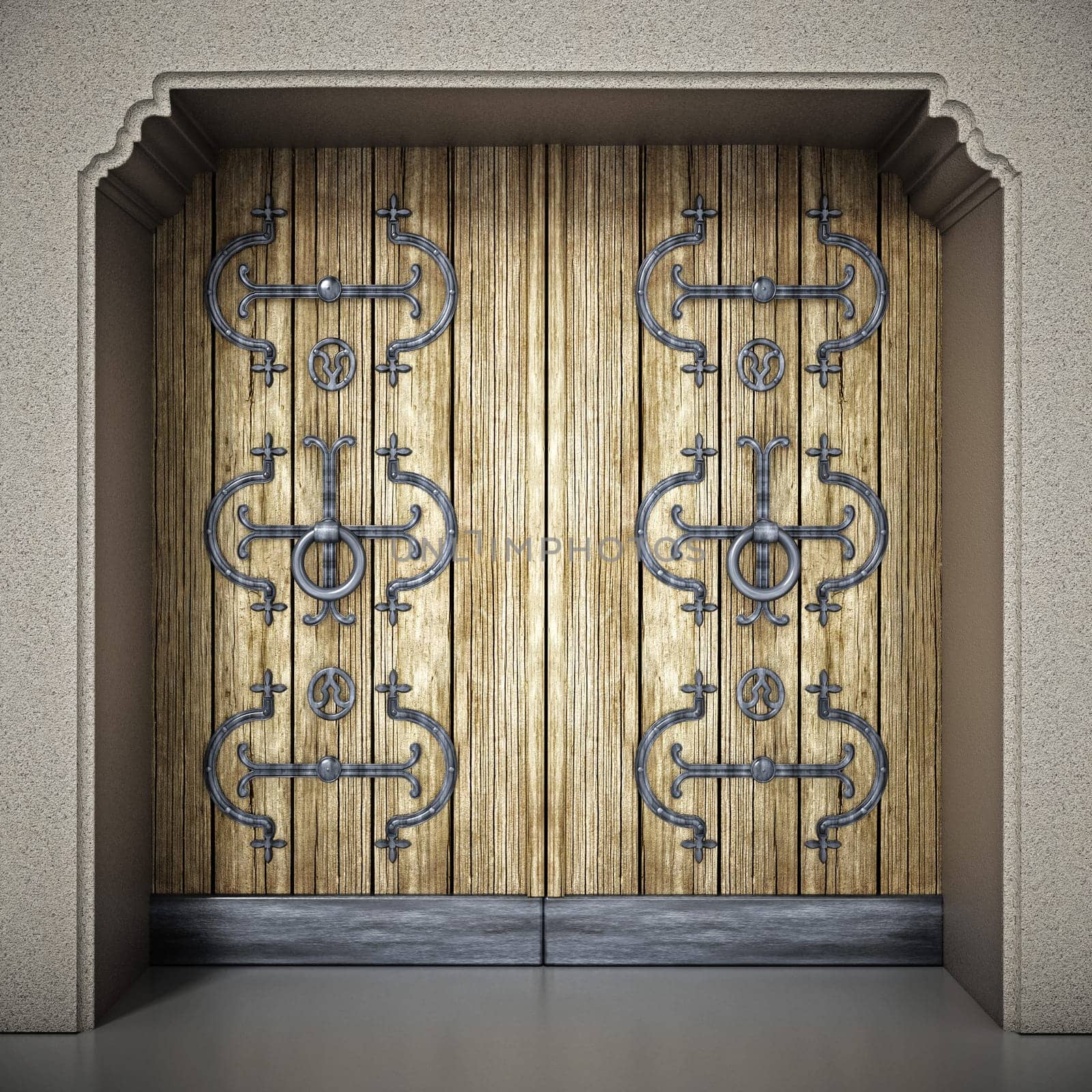 Elegantly ornamented old wooden doors. 3D illustration.