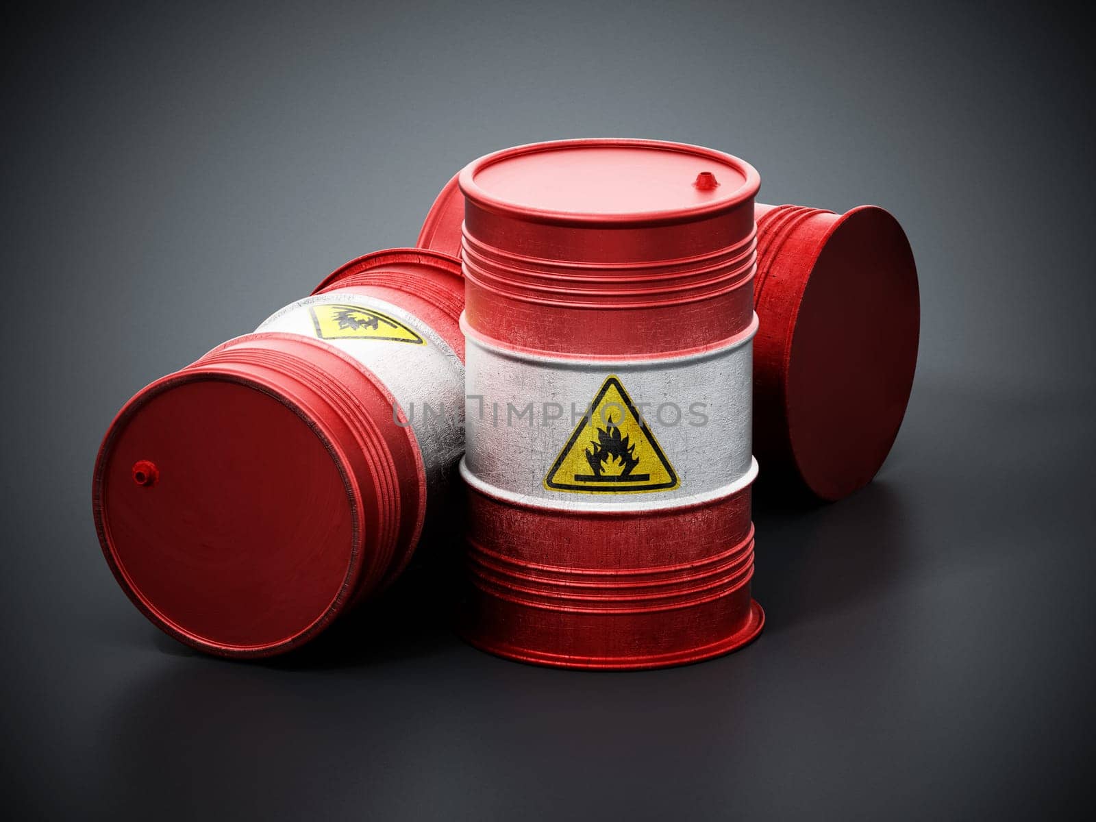 Old barrels with inflammable symbol on black background. 3D illustration.