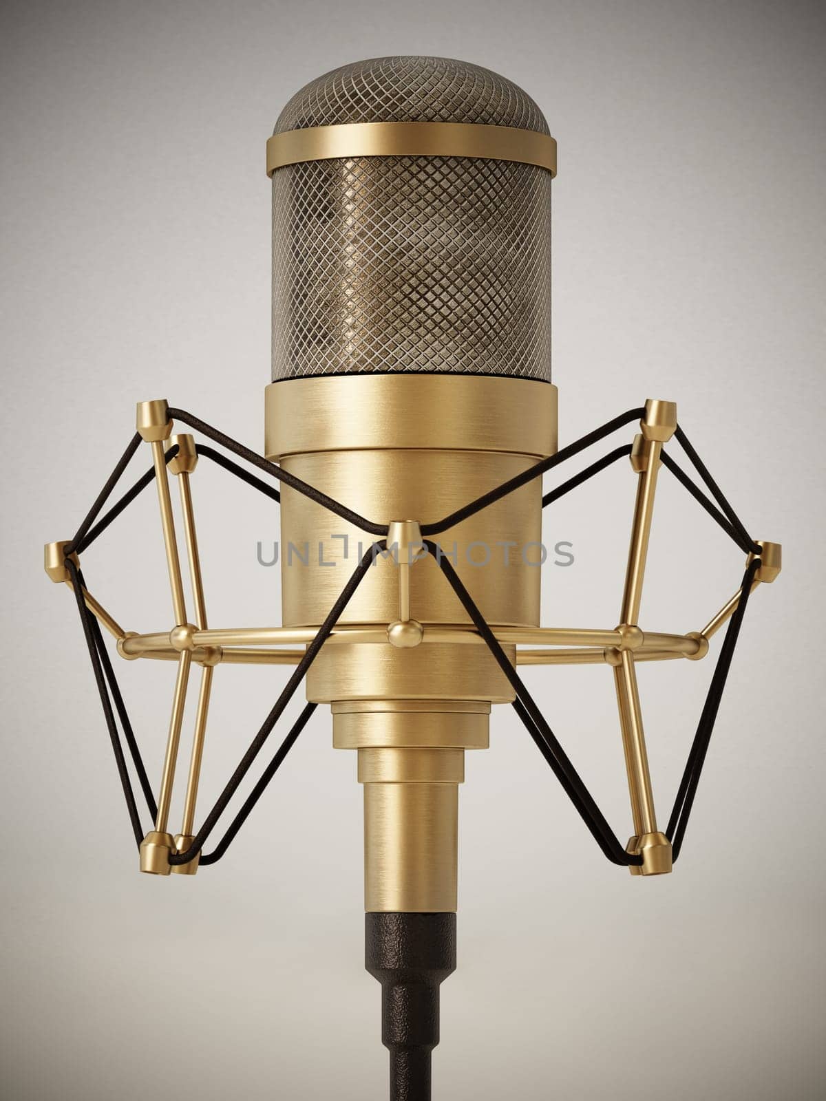 Vintage brass microphone on retro background. 3D illustration.