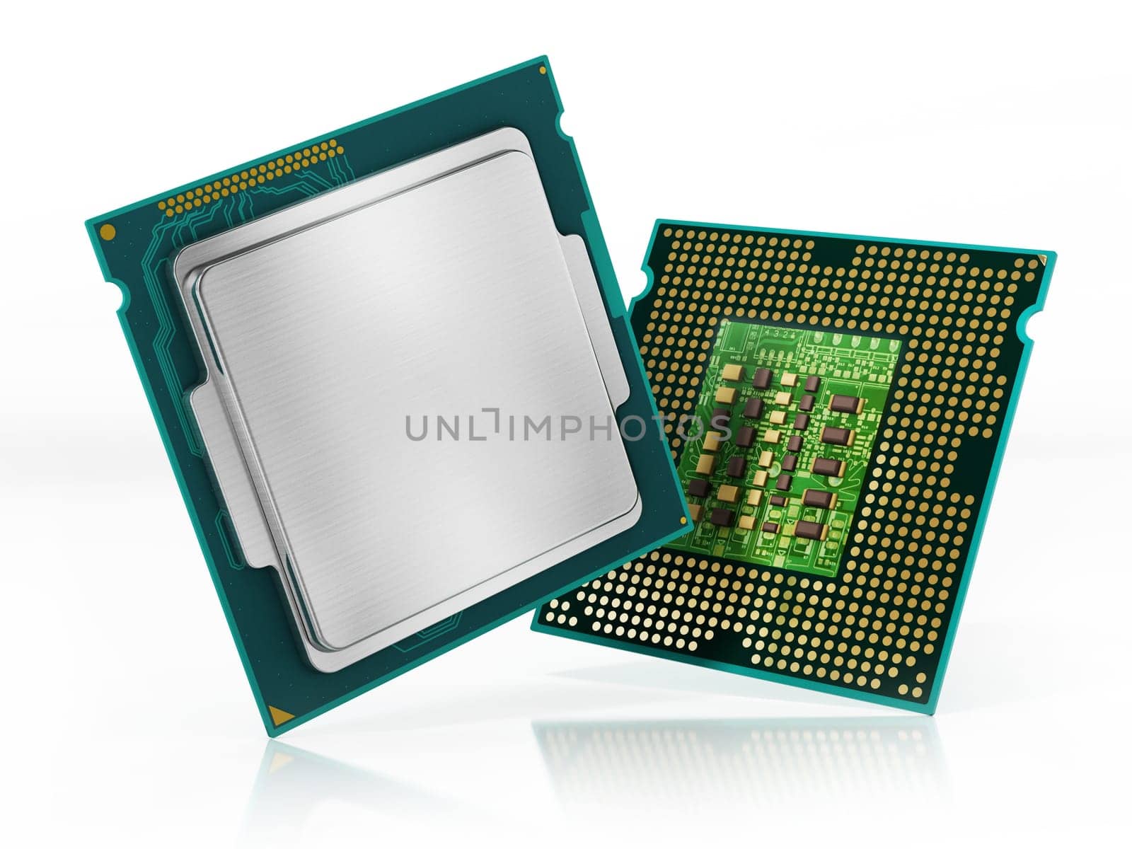 CPU front and backside isolated on white background. 3D illustration.