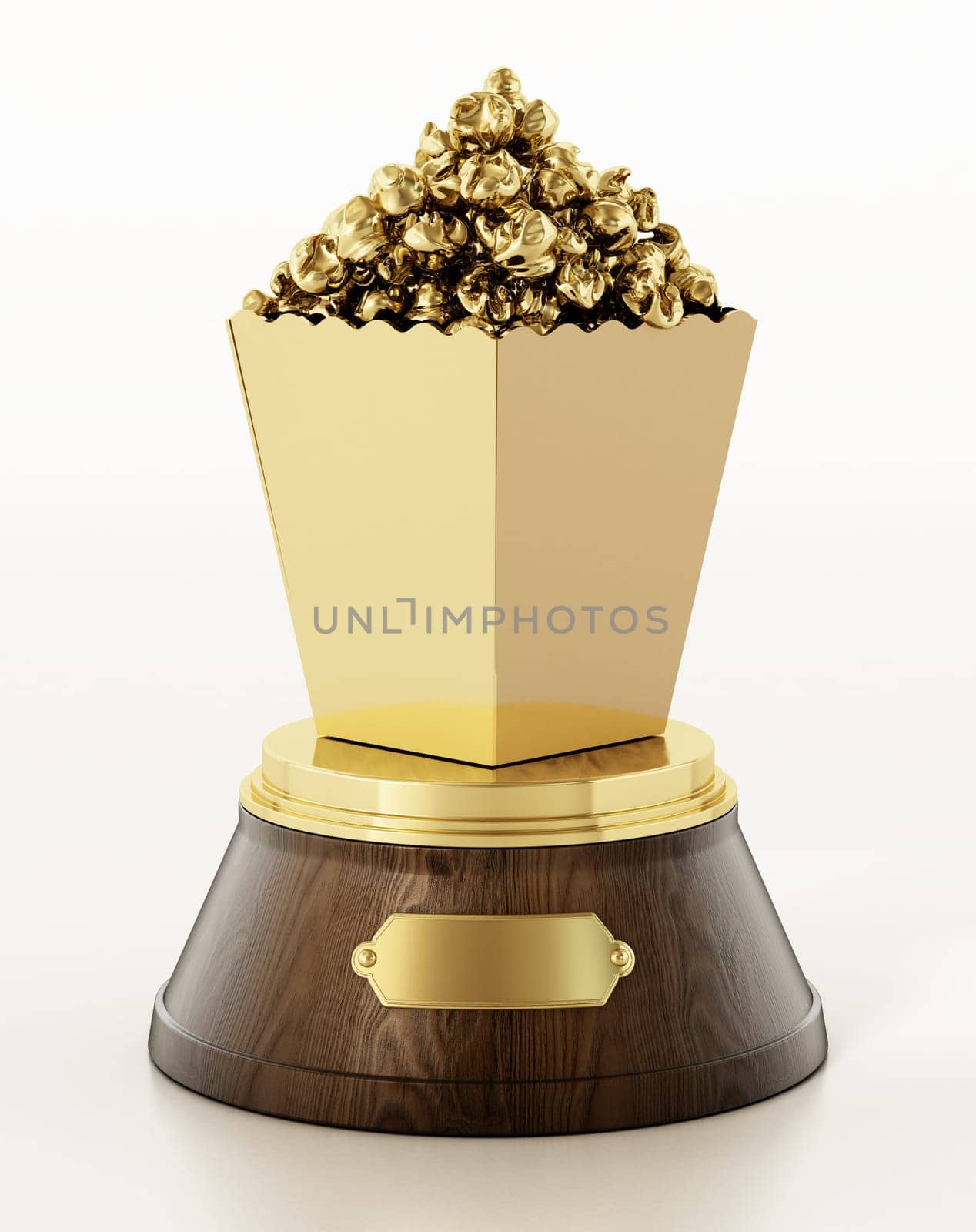 Golden popcorn on wooden pedestal. Cinema award. 3D illustration.
