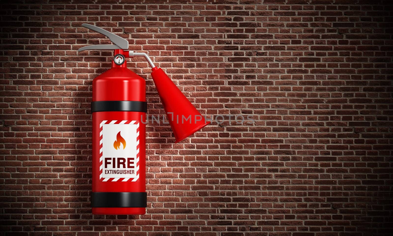 Fire extinguisher on the wall. 3D illustration.