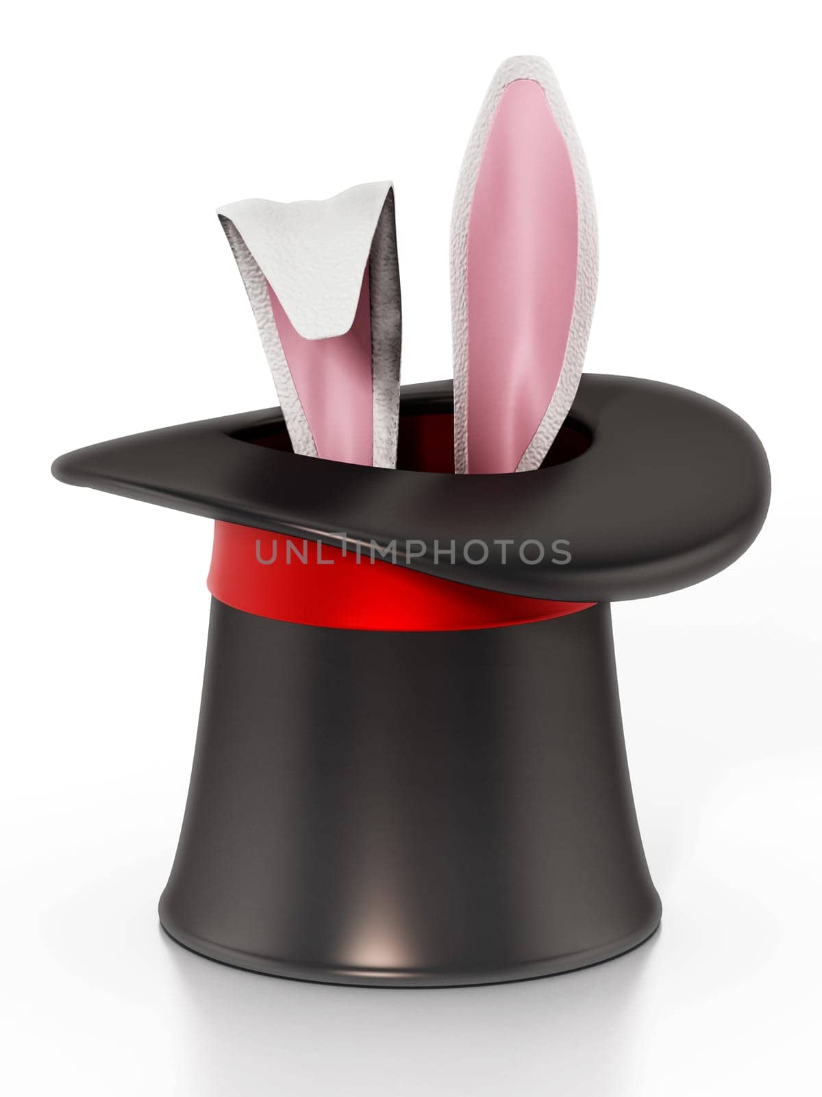 Illusionist hat and rabbit ears isolated on white background. 3D illustration.