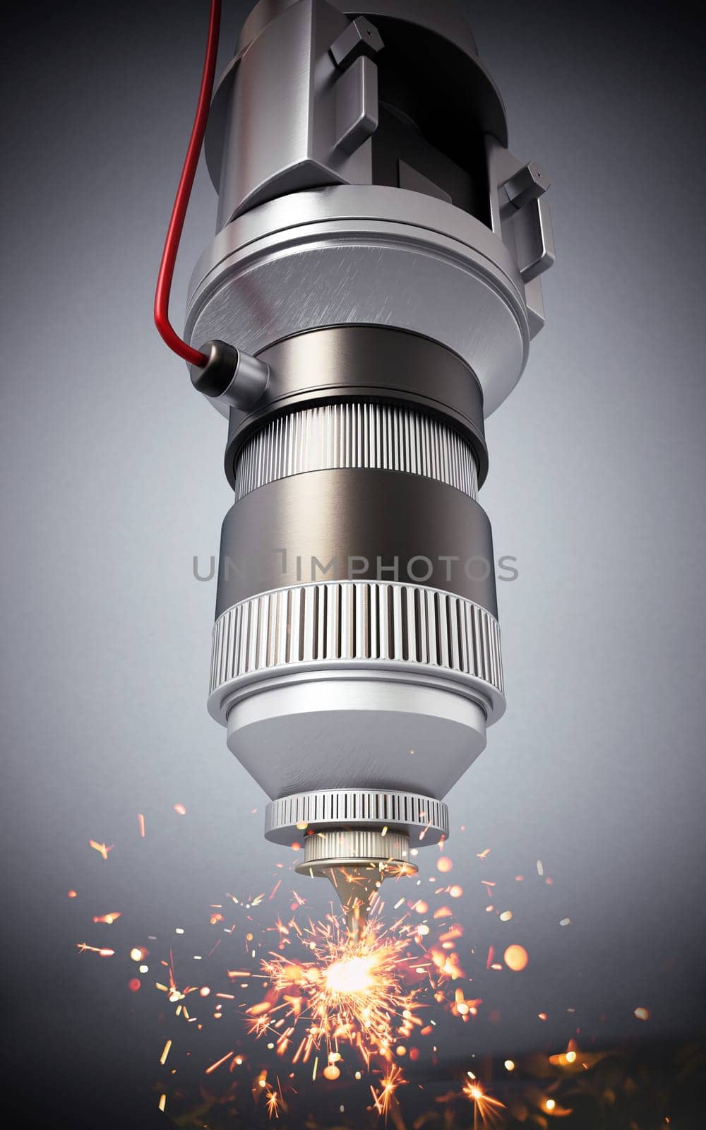 Laser cutter with sparks against dark background. 3D illustration.