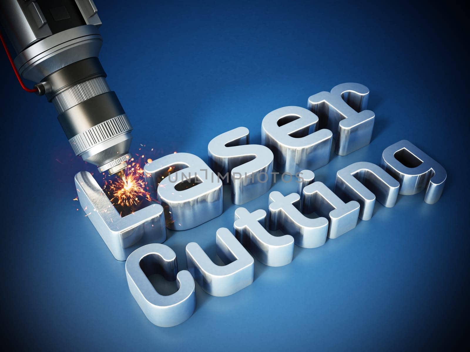 Laser cutter with sparks on laser cutting text. 3D illustration.