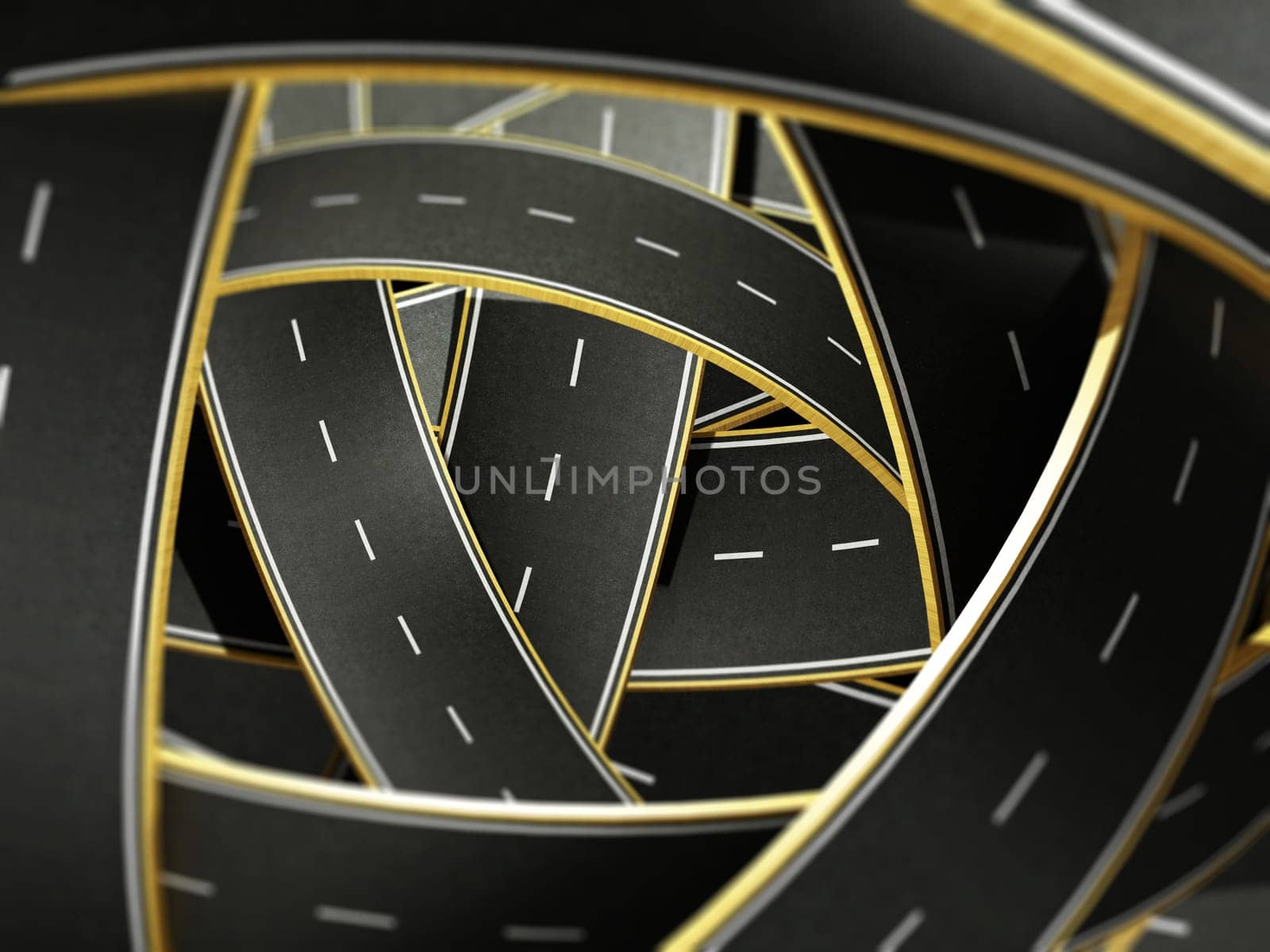 Tangled roads background with depth of field effect. 3D illustration.