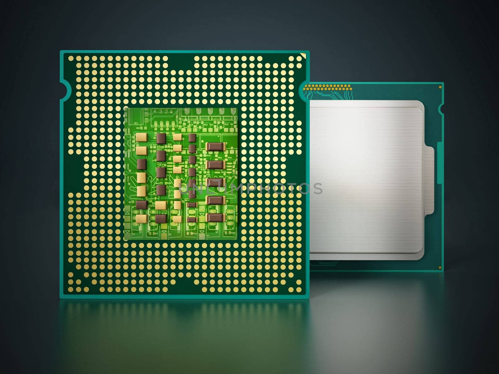 CPU front and backside isolated on black background. 3D illustration.