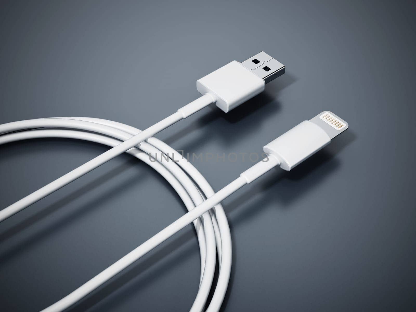 Smartphone charge and data cable isolated on black background. 3D illustration.