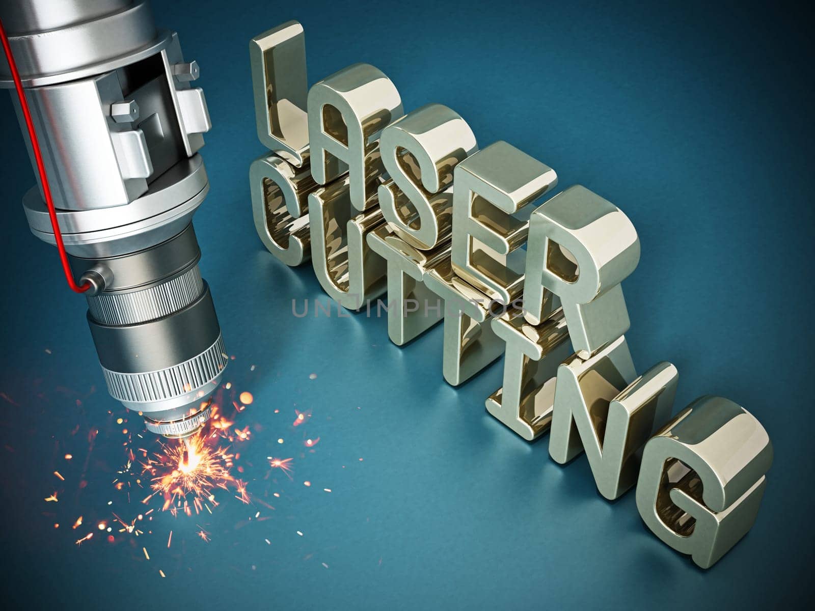 Laser cutter with sparks on laser cutting text. 3D illustration.