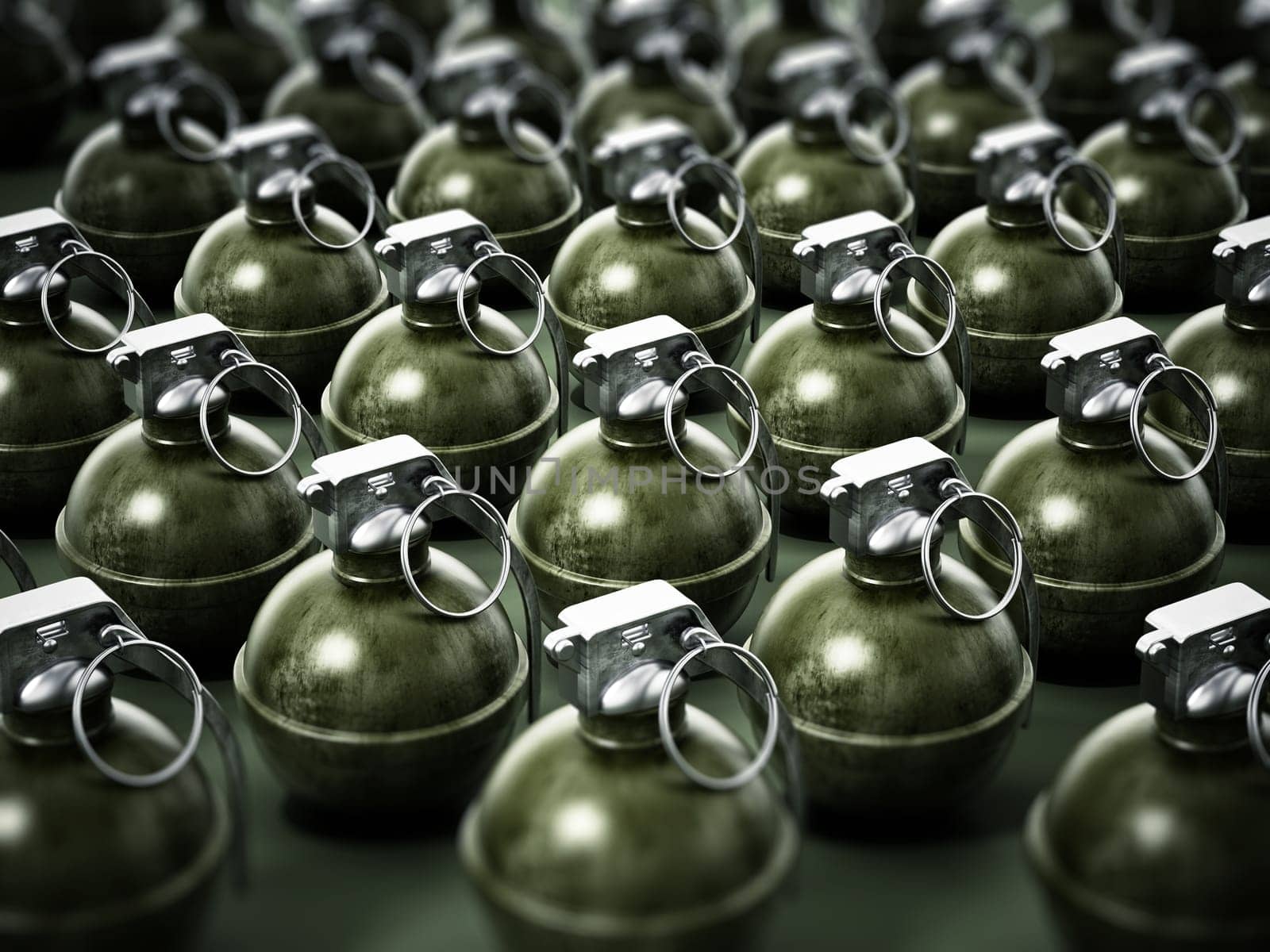 Hand grenades standing on dark background. 3D illustration.
