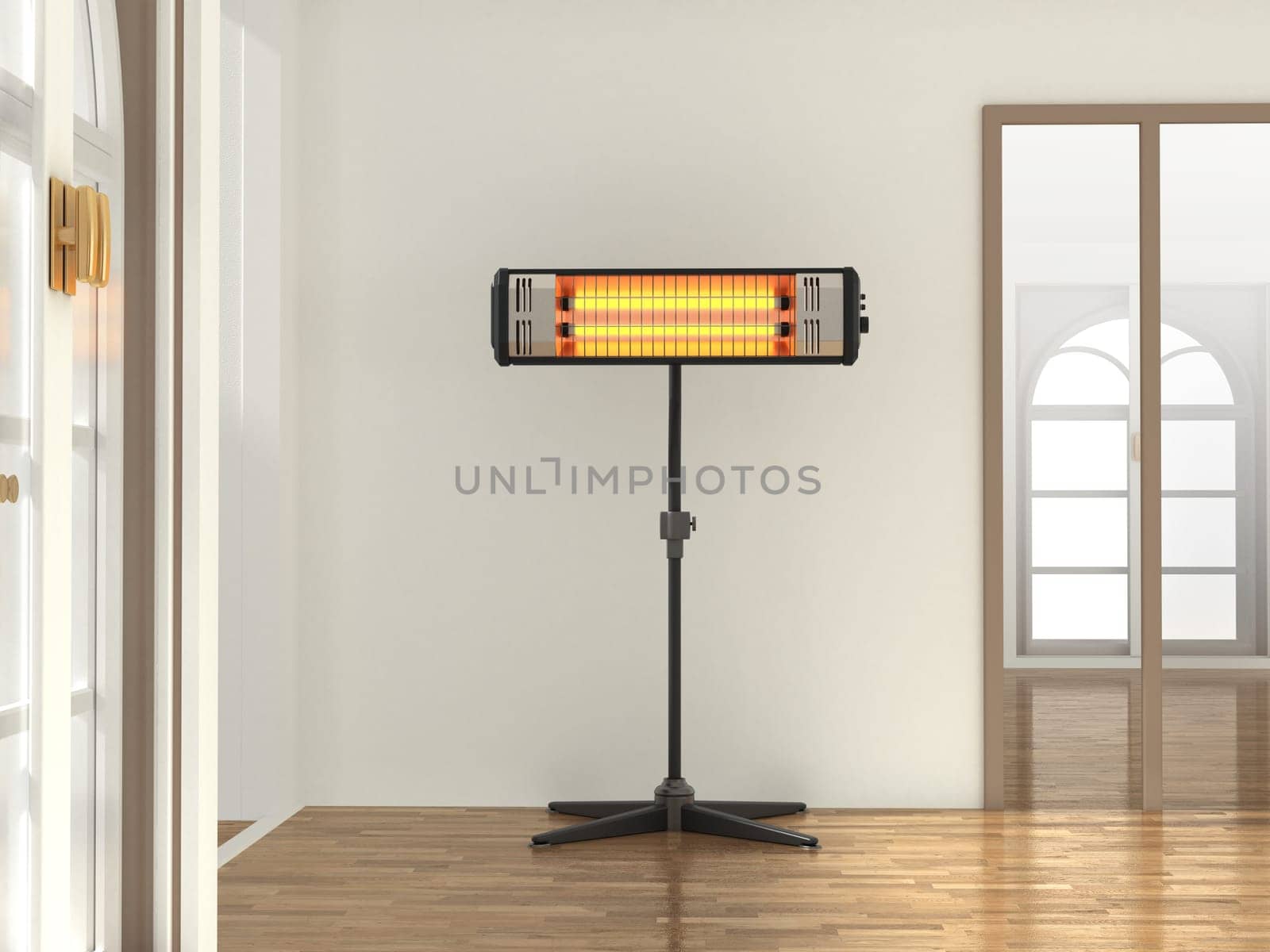 Infrared heater near the house wall. 3D illustration.