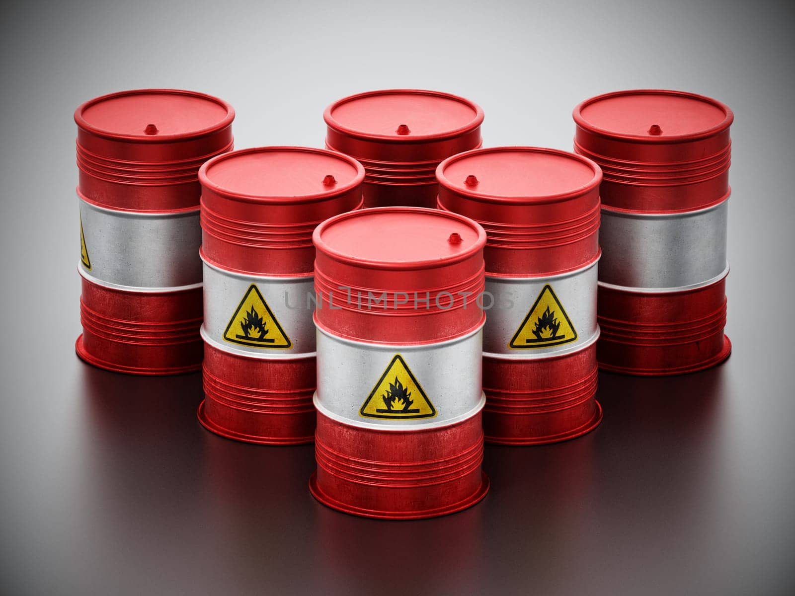 Old barrels with inflammable symbol. 3D illustration.