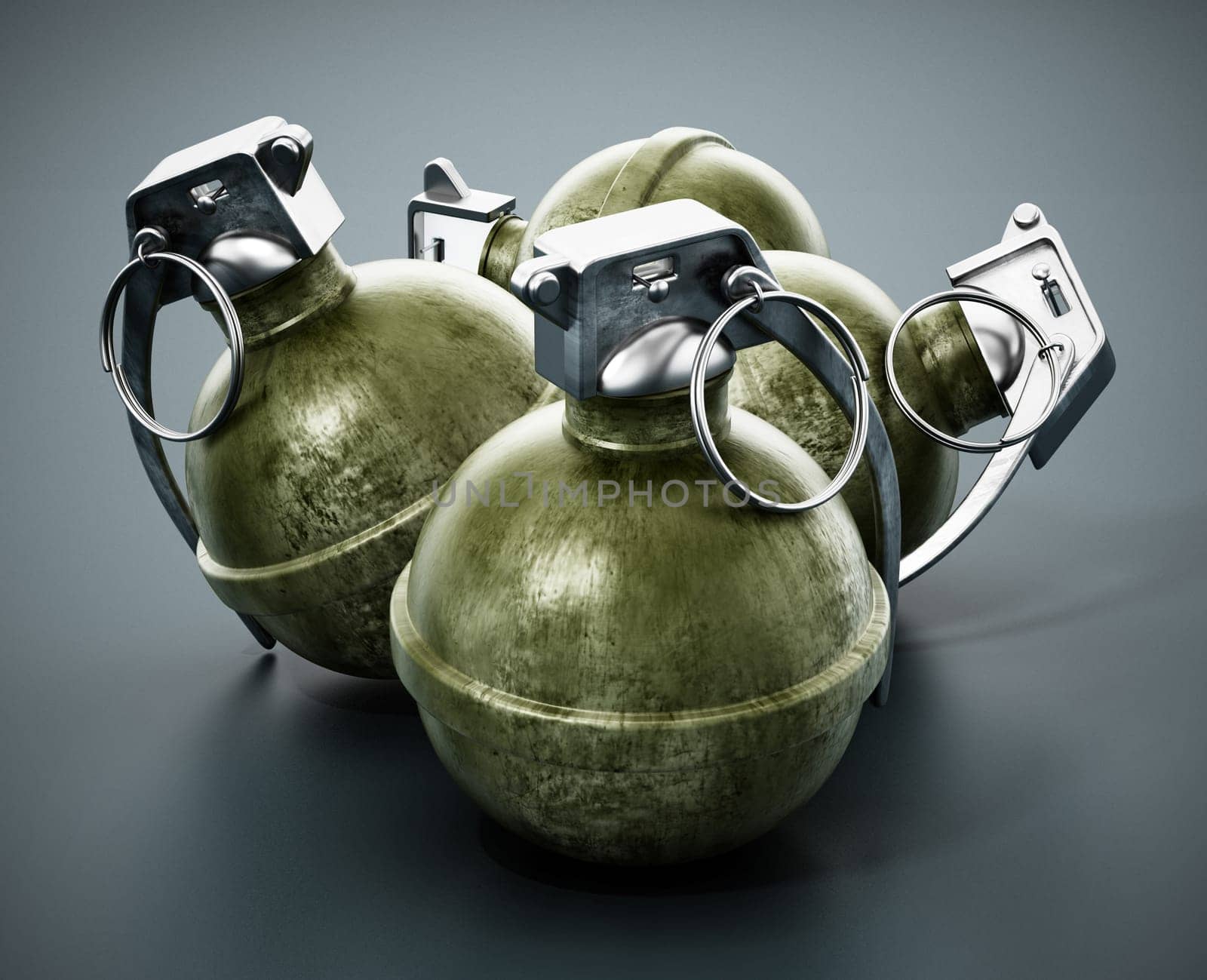 Hand grenades standing on dark background. 3D illustration.