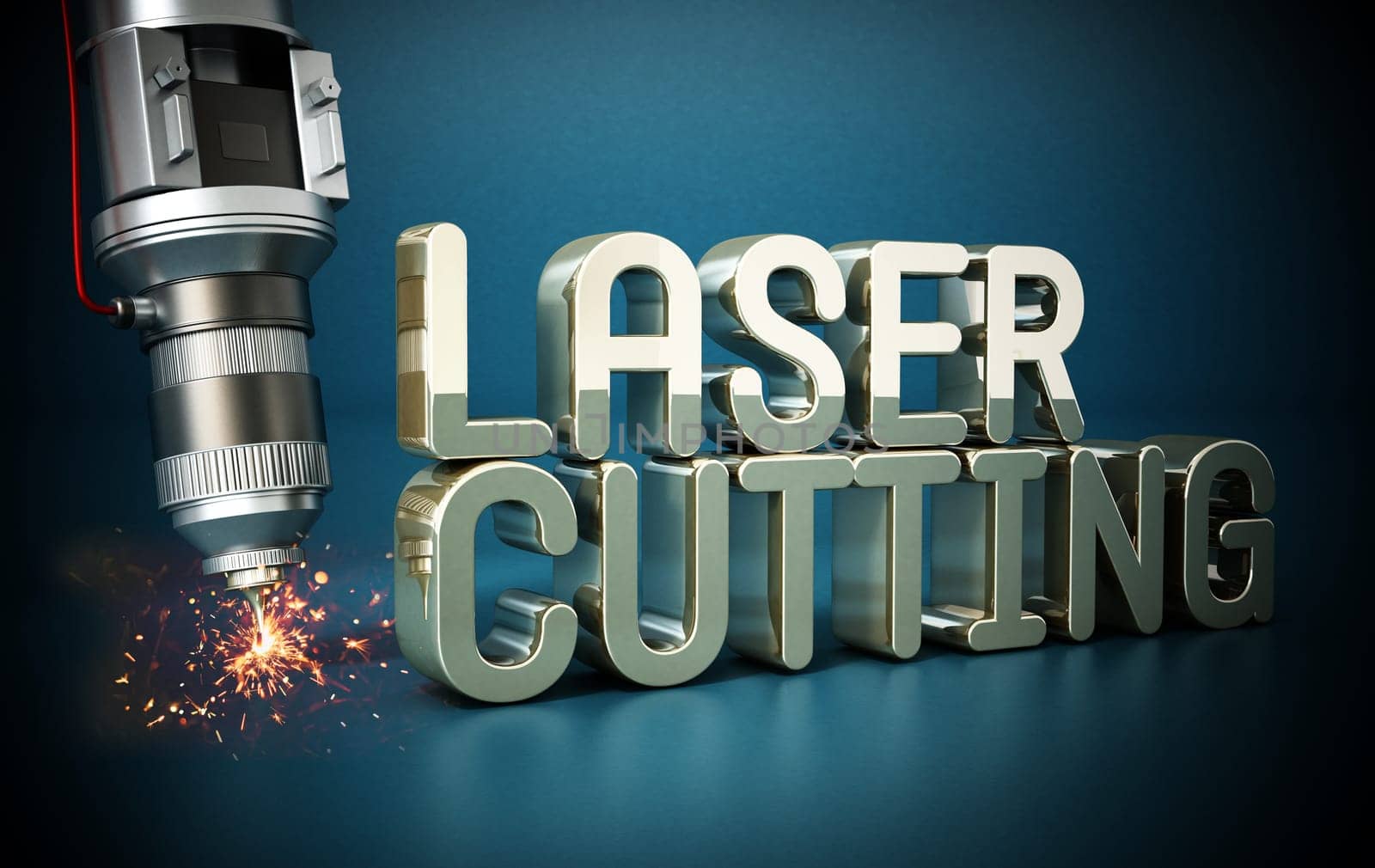 Laser cutter with sparks on laser cutting text. 3D illustration.