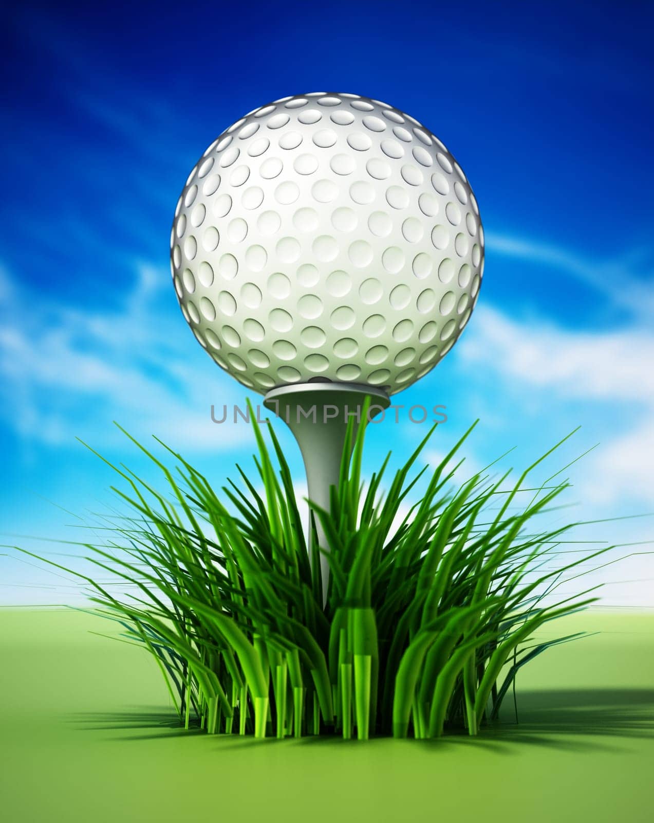 Golf ball standing on tee among grasses. 3D illustration.