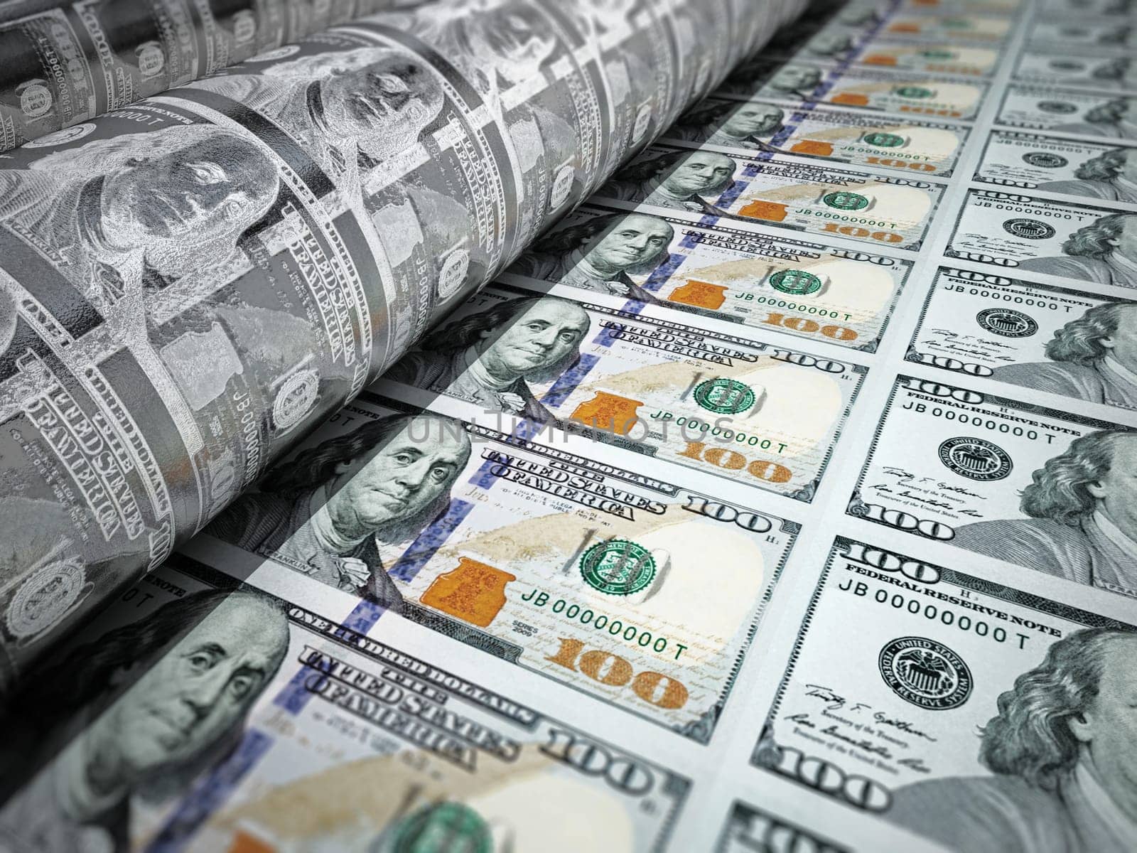 Money printing machine printing 100 dollar banknotes. 3D illustration.