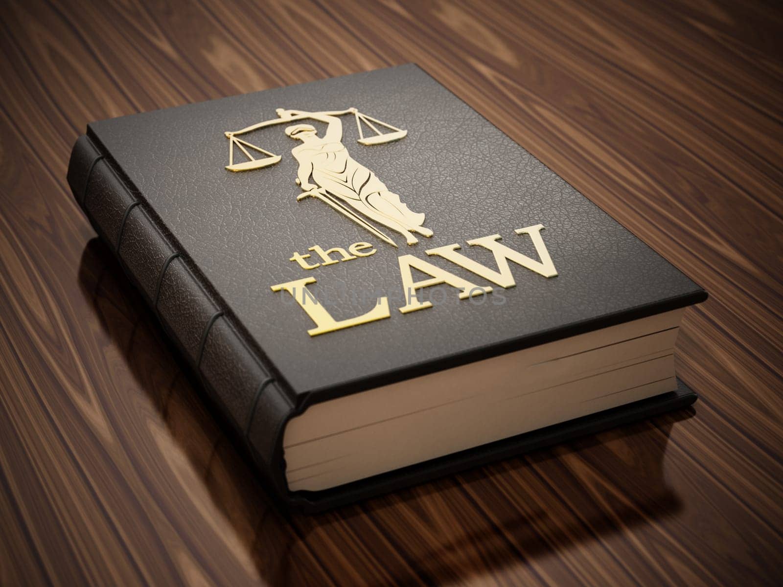 Black book entitled the law standing on the wooden table. 3D illustration.