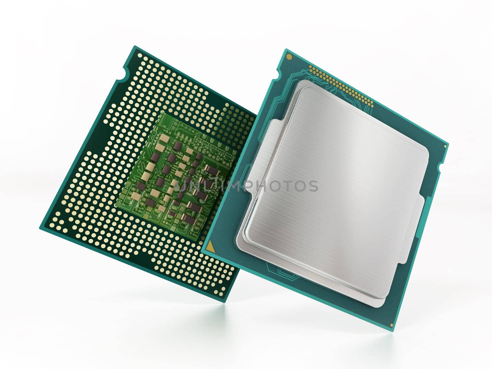 CPU front and backside isolated on white background. 3D illustration.