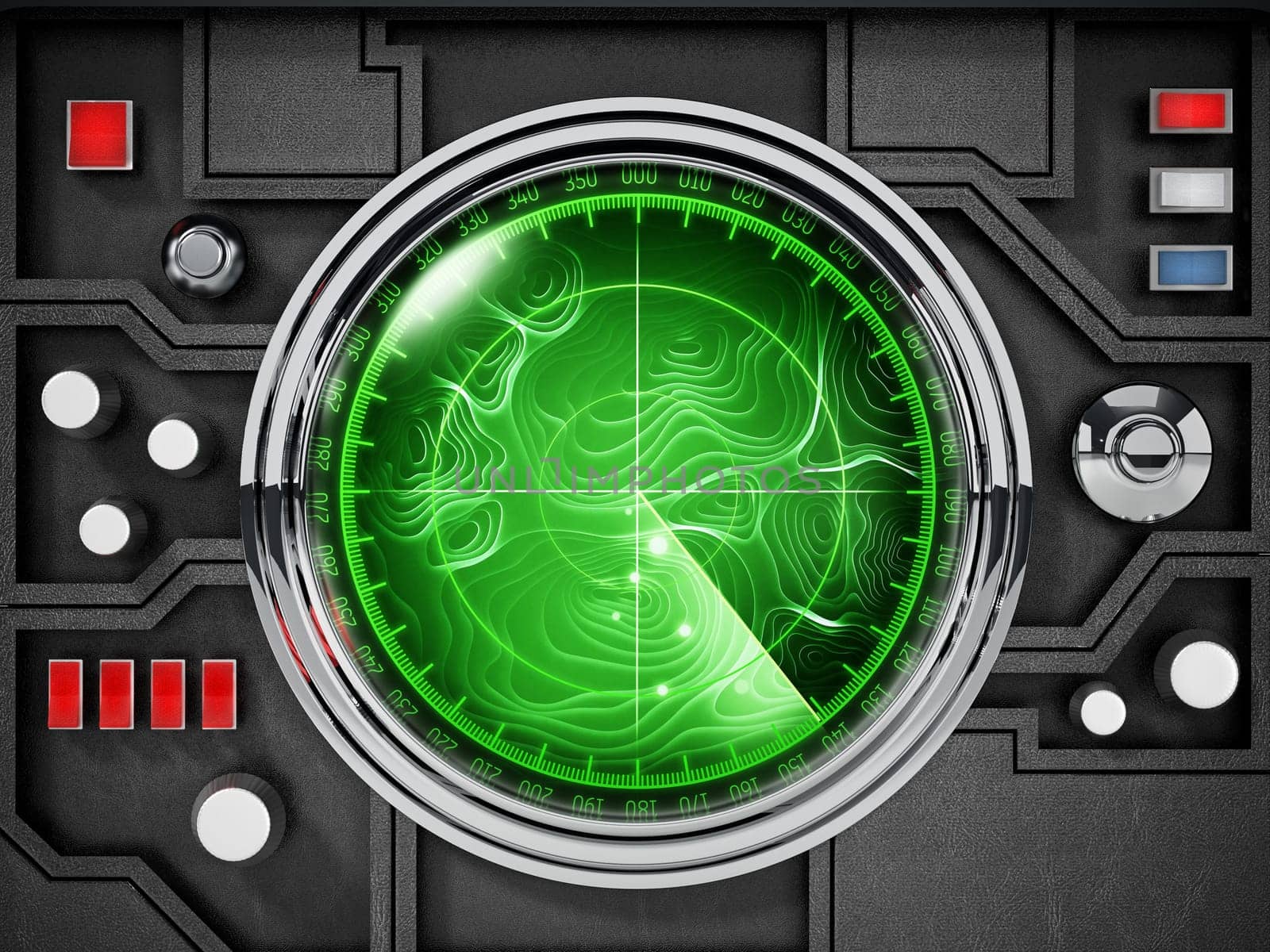 Retro radar system and control buttons. 3D illustration.
