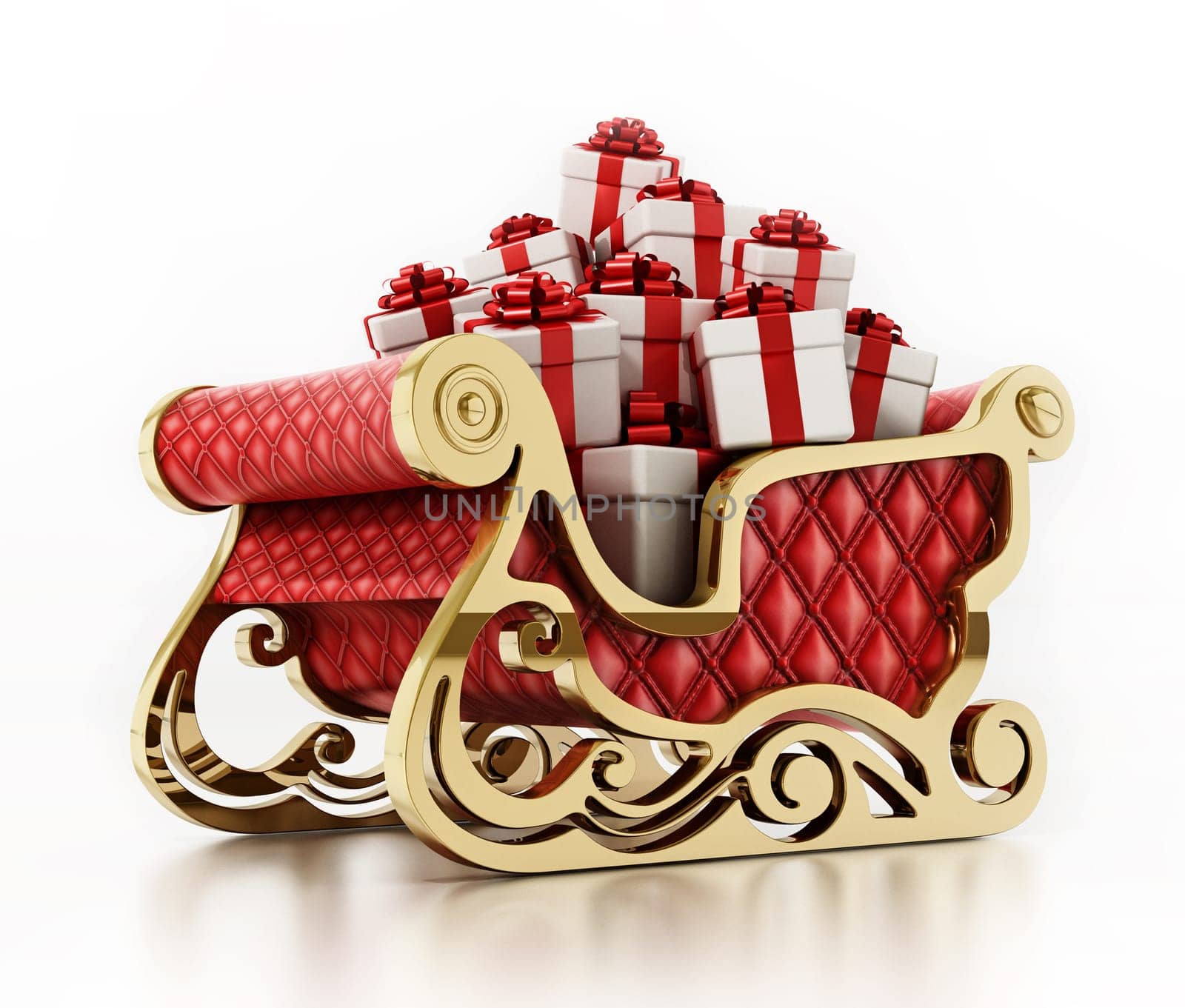 Santa's sleigh loaded with giftboxes isolated on white background. 3D illustration.