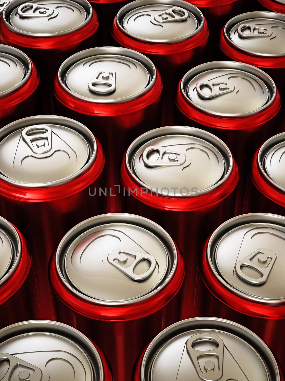 Red cans of soft non alcoholic drinks background. 3D illustration.