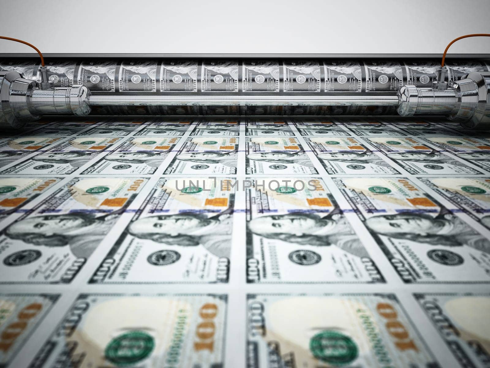 Money printing machine printing 100 dollar banknotes. 3D illustration.