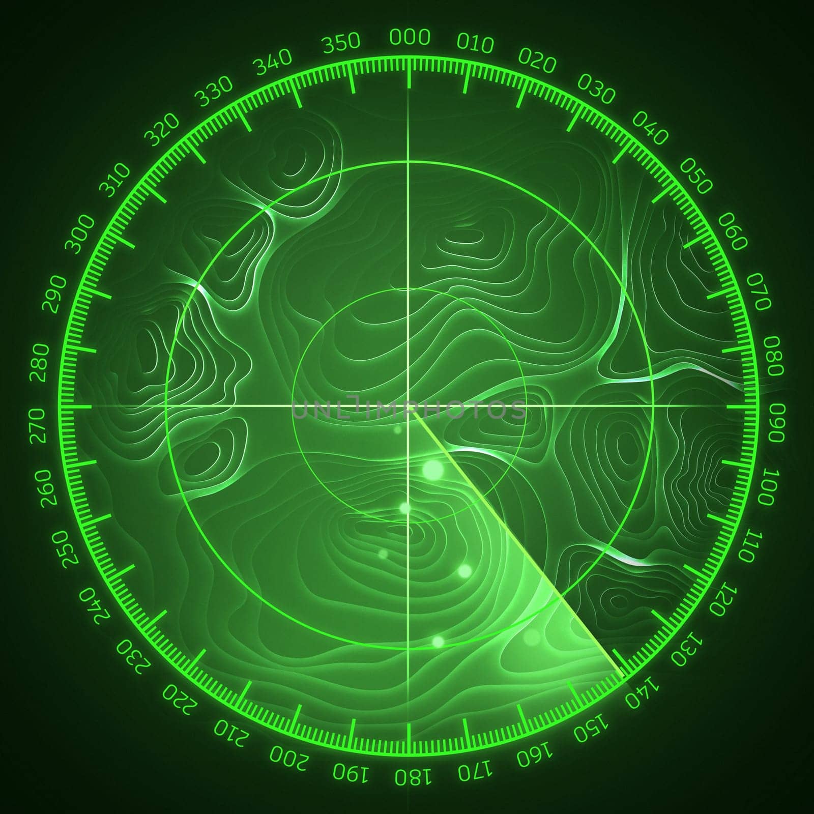 Radar system screen in green color tones. 3D illustration.