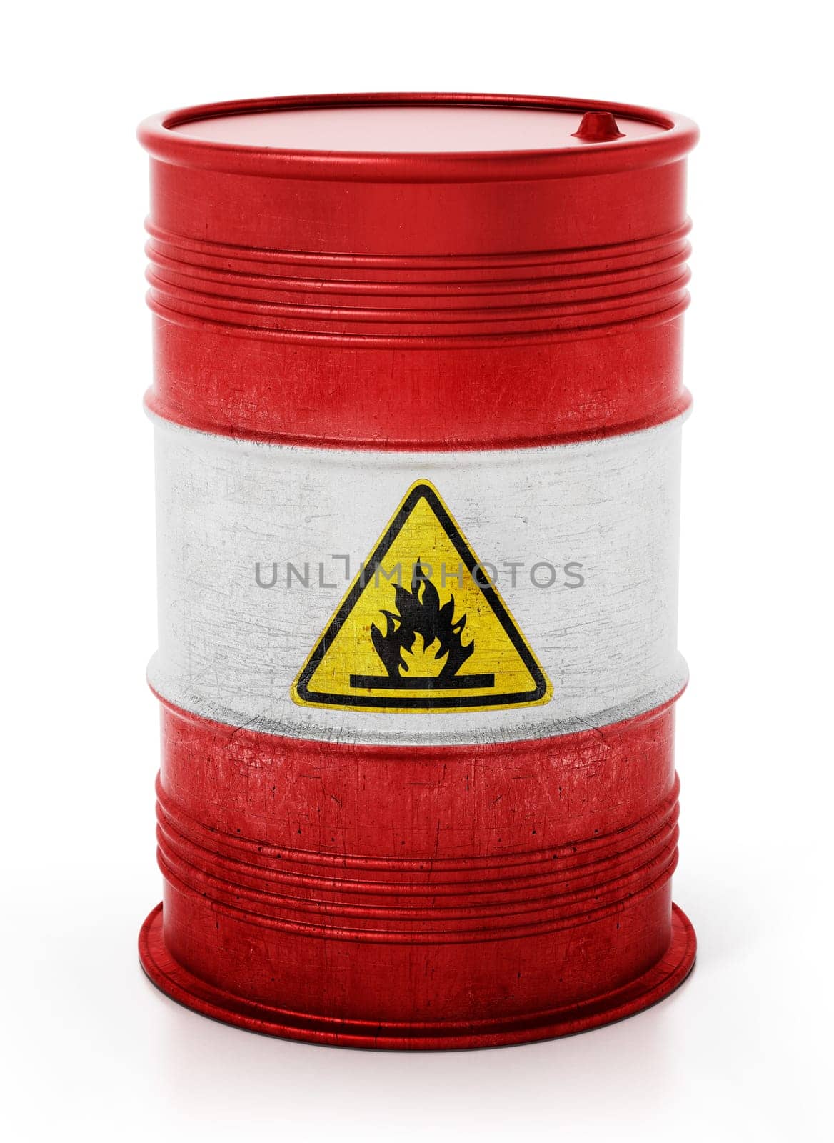 Old barrel with inflammable symbol isolated on white background. 3D illustration.