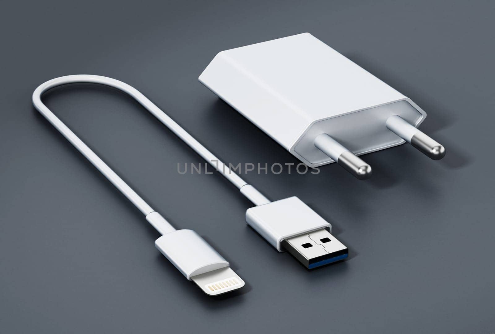 Smartphone charge and data cable isolated on black background. 3D illustration.