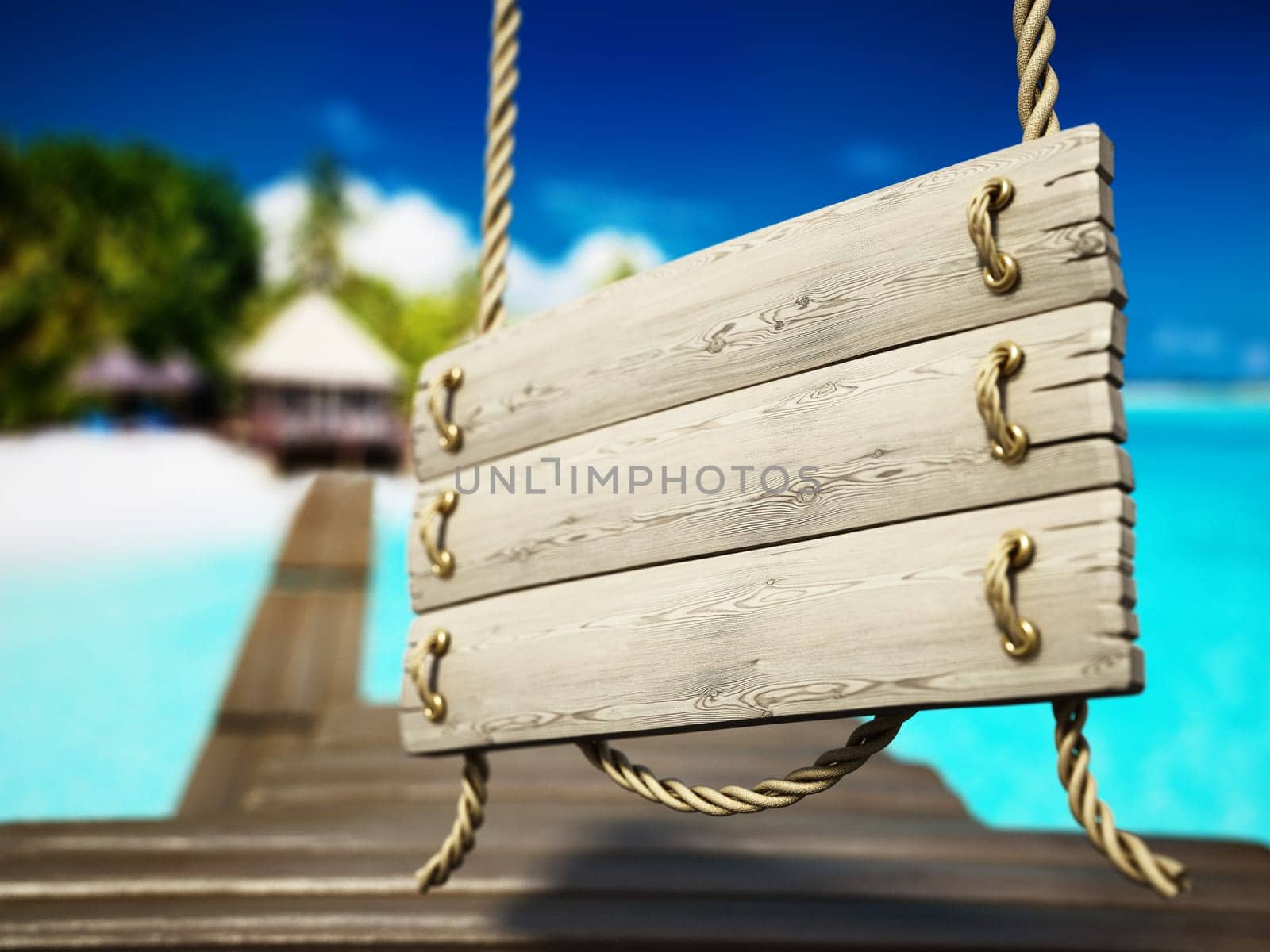 Old wooden plank tied with rope on holiday resort background. 3D illustration.