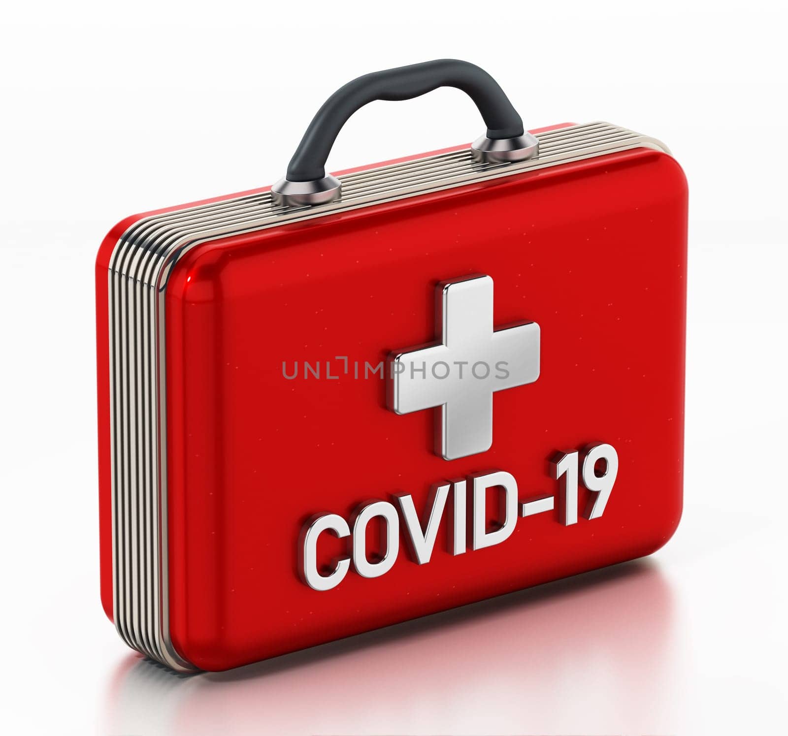 Covid-19 first aid kit isolated on white background. 3D illustration.