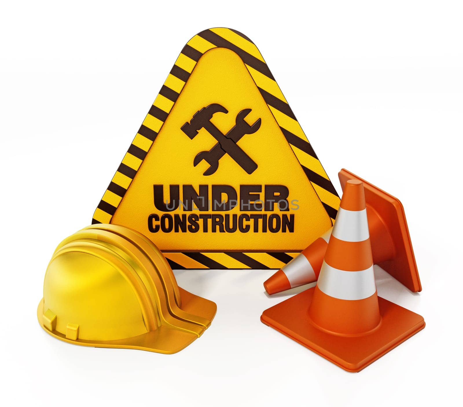 Under construction signboard, helmet and traffic cone. 3D illustration.