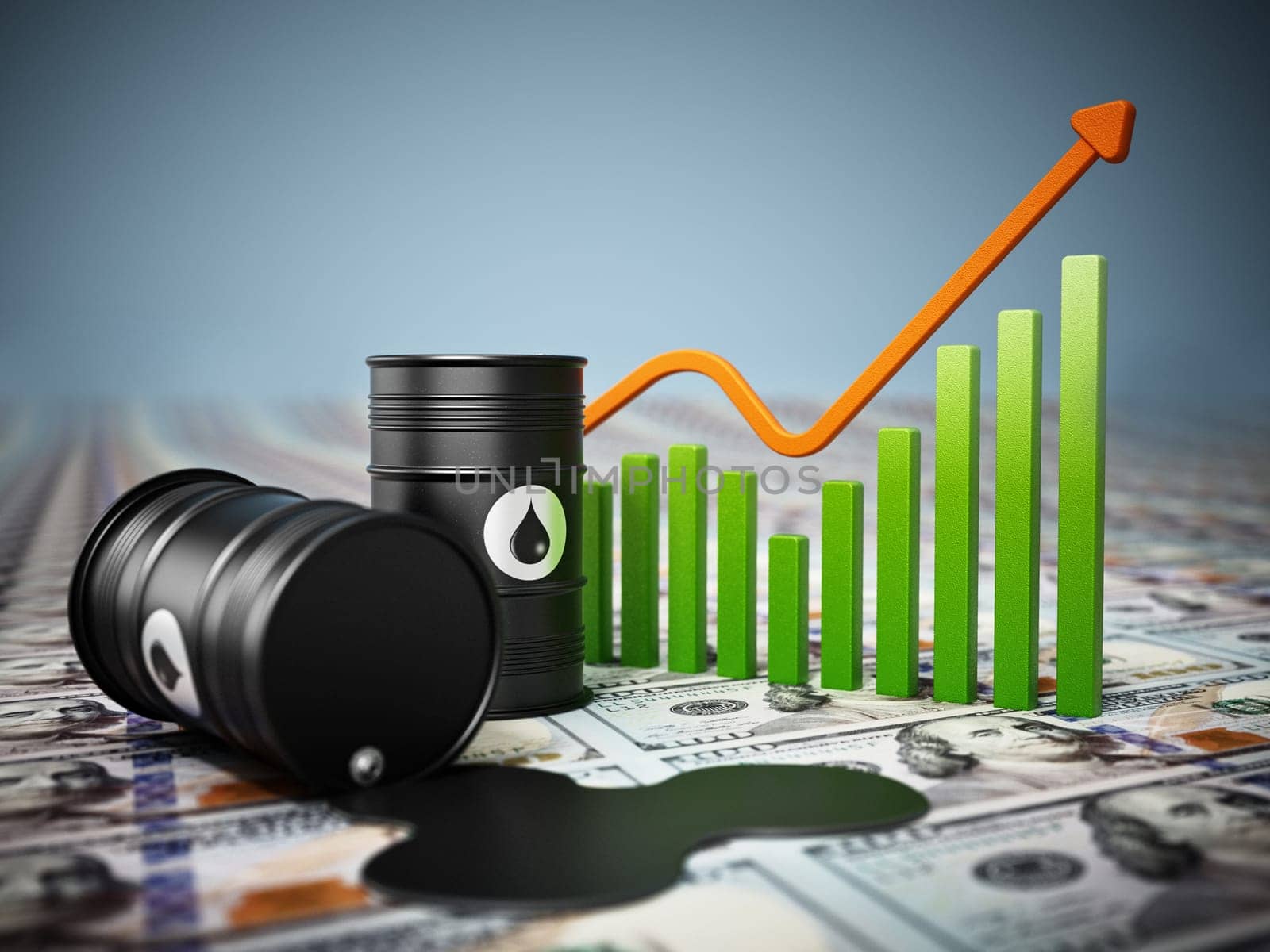 Oil barrels on dollar background. Rising oil prices concept. 3D illustration.