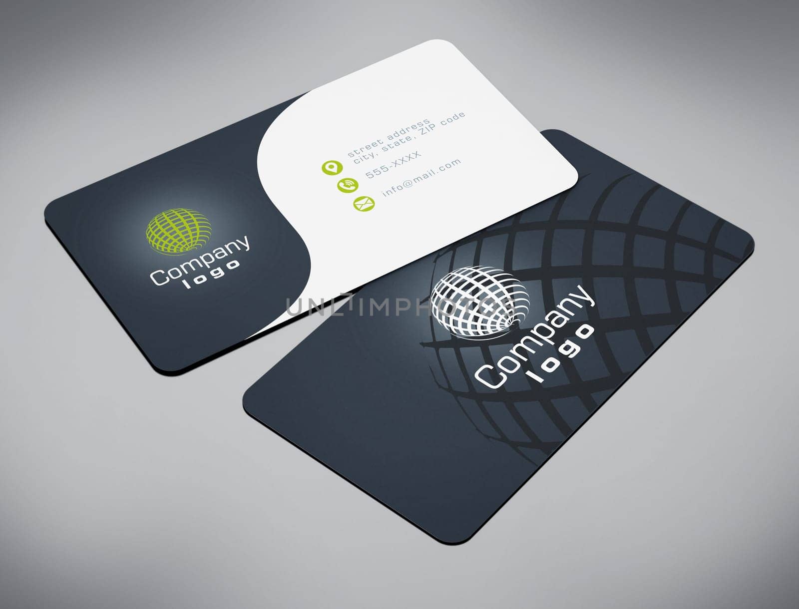 Business card back and front with generic info. 3D illustration.