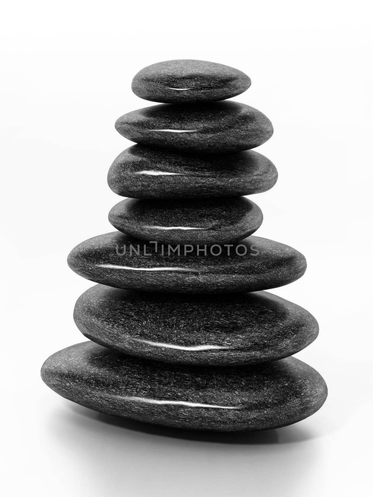 Black balancing stones isolated on white background. 3D illustration.