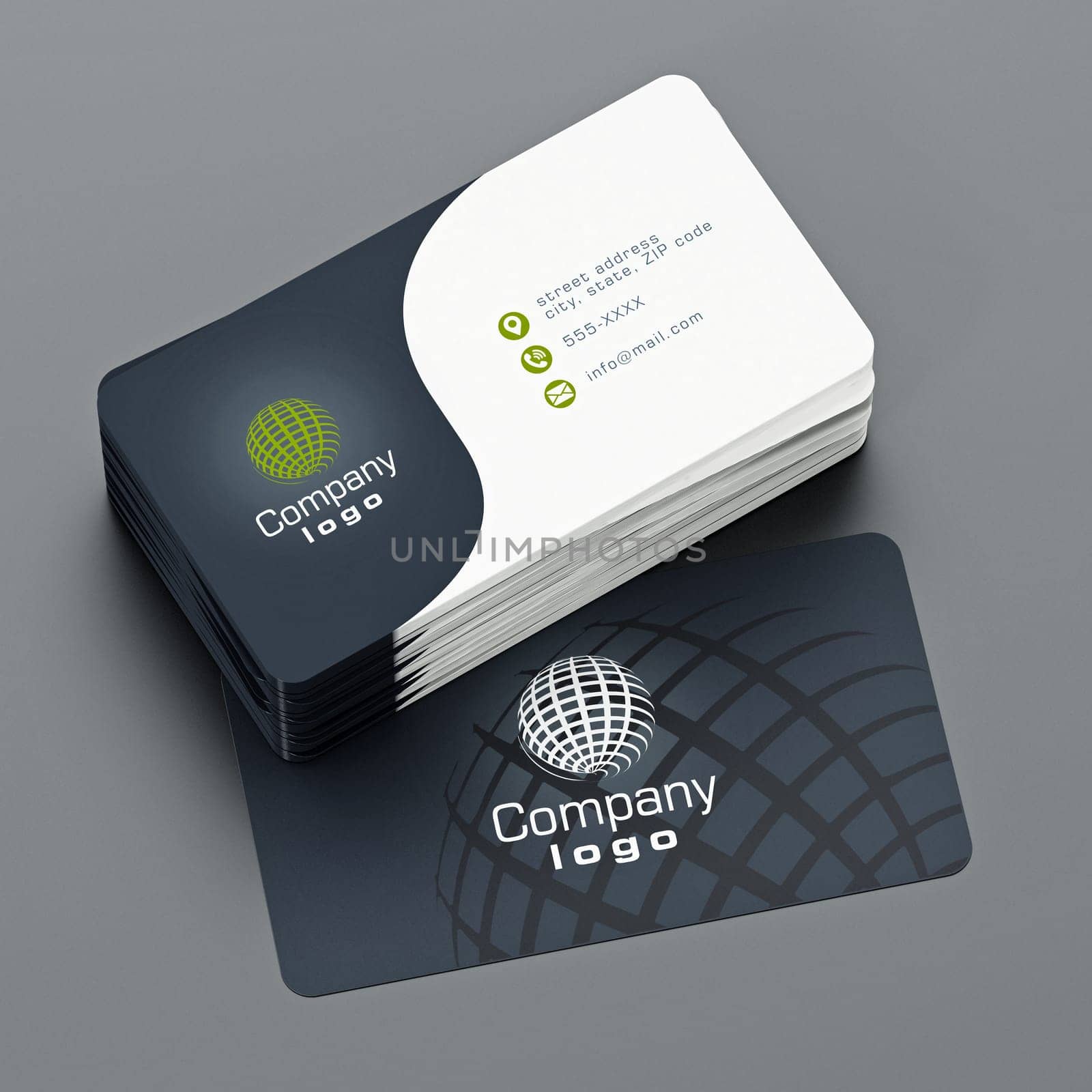Business card back and front with generic info. 3D illustration.