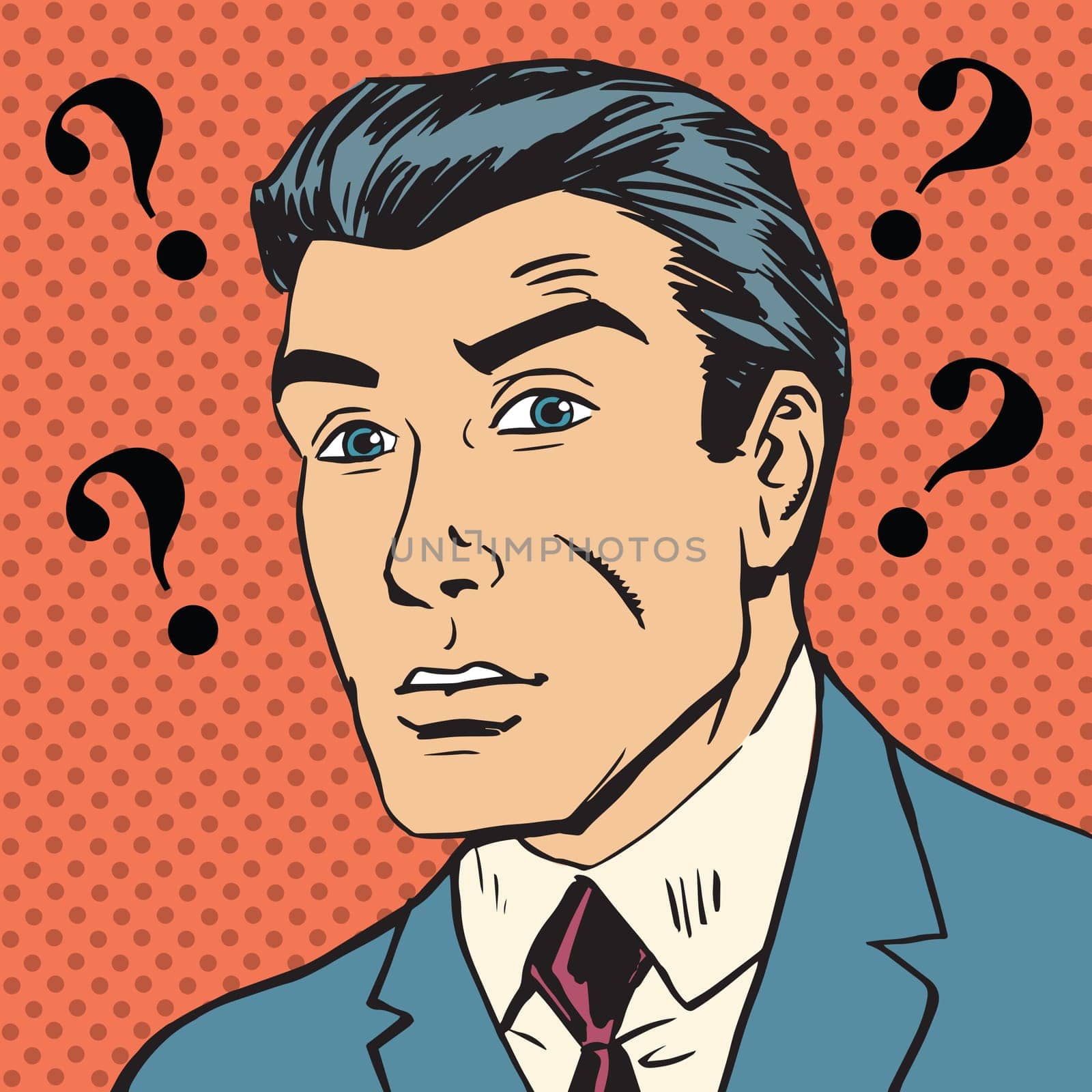 Male question marks misunderstanding Enigma Emotional reaction men pop art comics retro style Halftone. Imitation of old illustrations